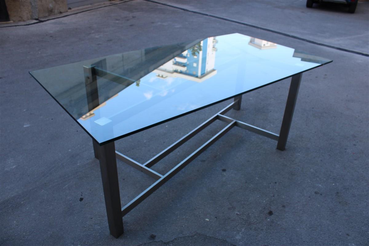 Rectangular Dining Table Formanova Italia 1970 in Satin Steel Top in Thick Glass In Good Condition For Sale In Palermo, Sicily