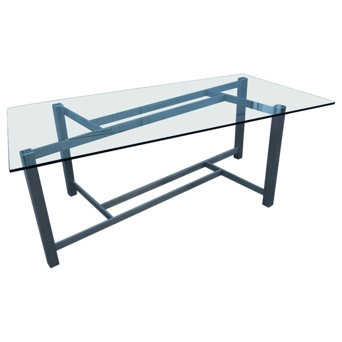 Rectangular Dining Table Formanova Italia 1970 in Satin Steel Top in Thick Glass For Sale