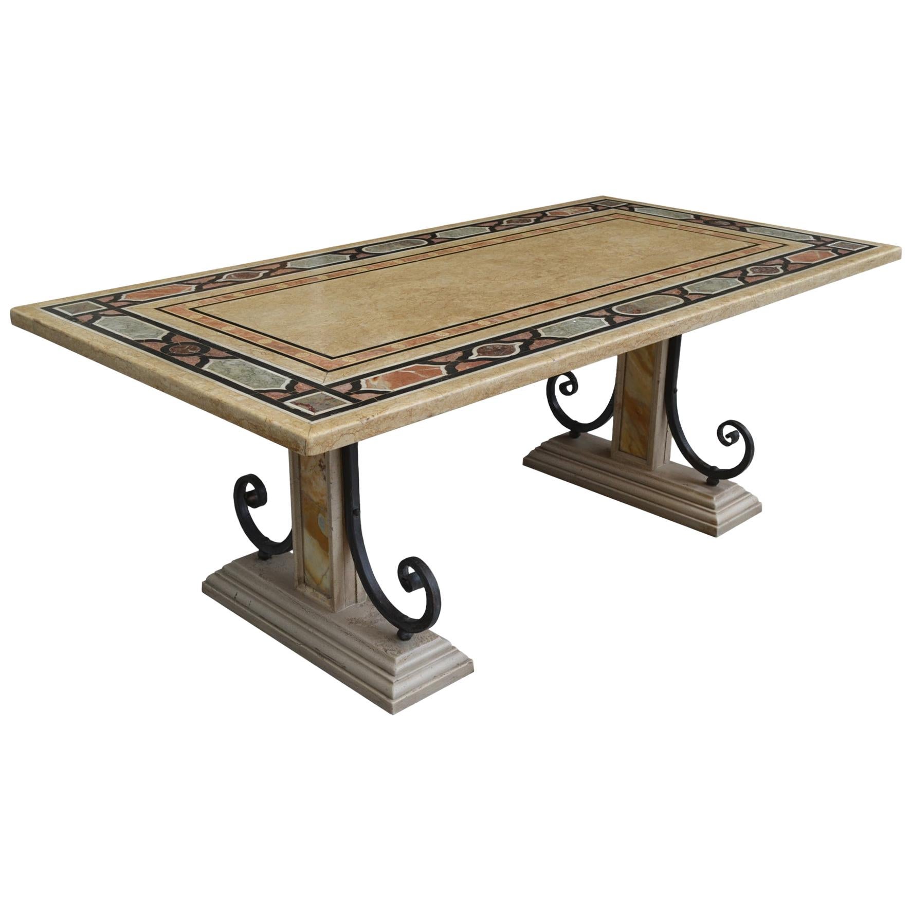Rectangular Dining Table Inalied Marbles Wrought Iron Details Antique Finishing