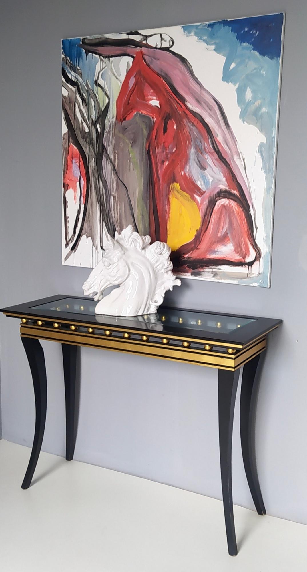 Art Deco Rectangular Ebonized Beech Console by Roberto Ventura with Crystal Top, Italy For Sale