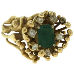 Rectangular Emerald and Diamond 18 Karat Yellow Gold Spike Ring