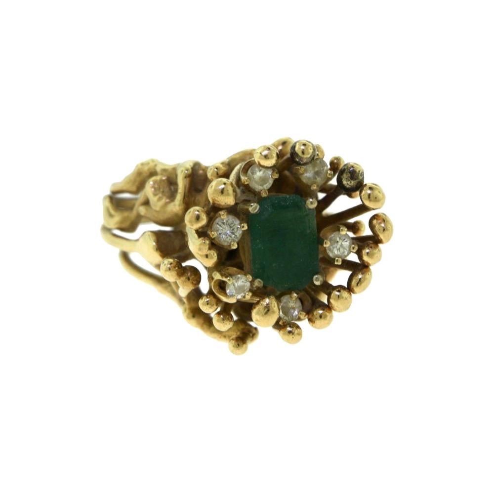 Rectangular Emerald and Diamond Yellow Gold Spike Ring For Sale