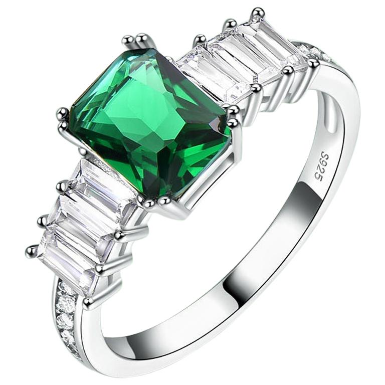 Rectangular Emerald Green Cubic Zirconia Three Side Stones Sterling Silver Ring For Sale