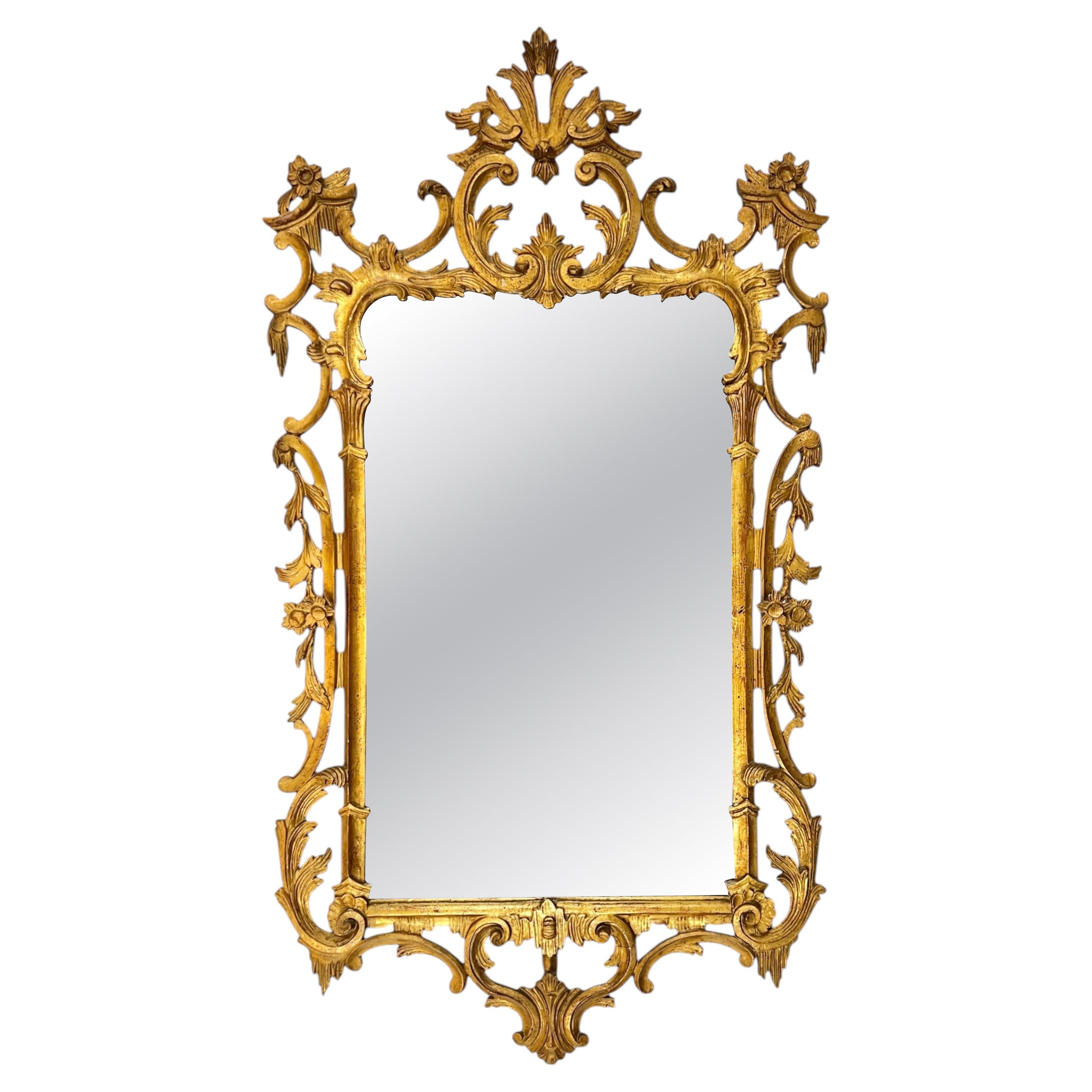 Rectangular English Chippendale Style Giltwood Wall / Overmantel Mirror For Sale