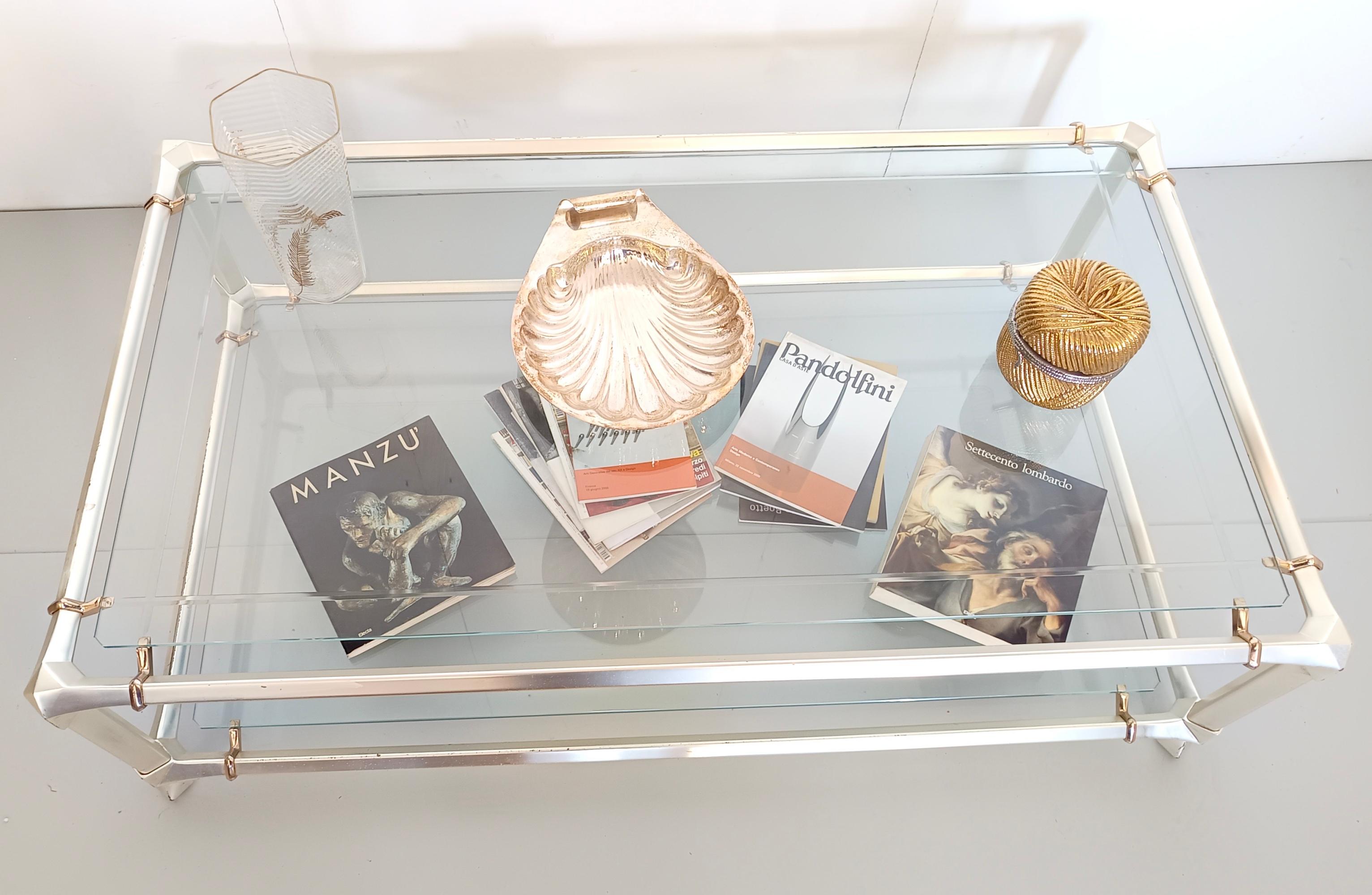 Post-Modern Rectangular Engraved Crystal and White Metal Coffee Table with a Lower Shelf For Sale