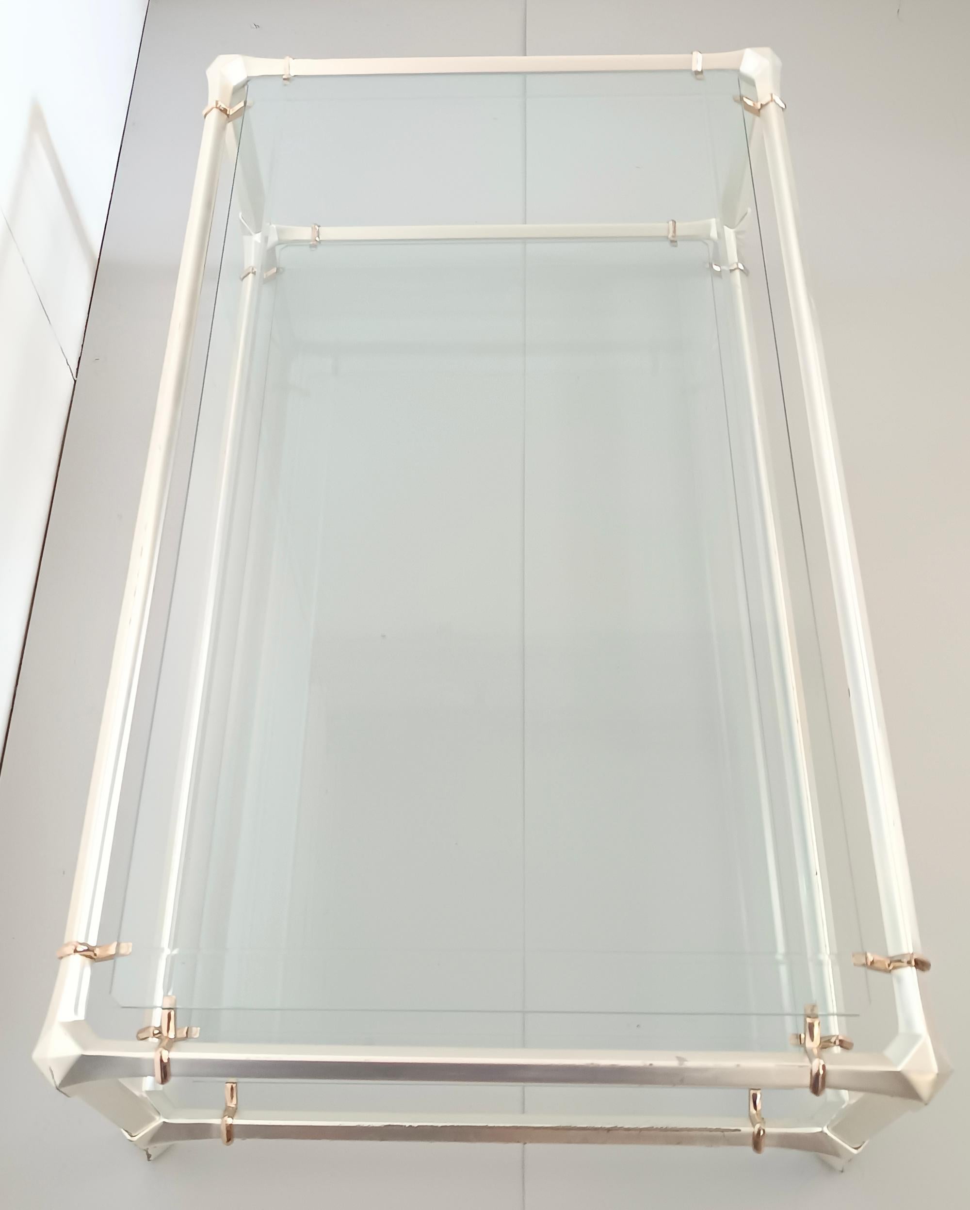 Italian Rectangular Engraved Crystal and White Metal Coffee Table with a Lower Shelf For Sale