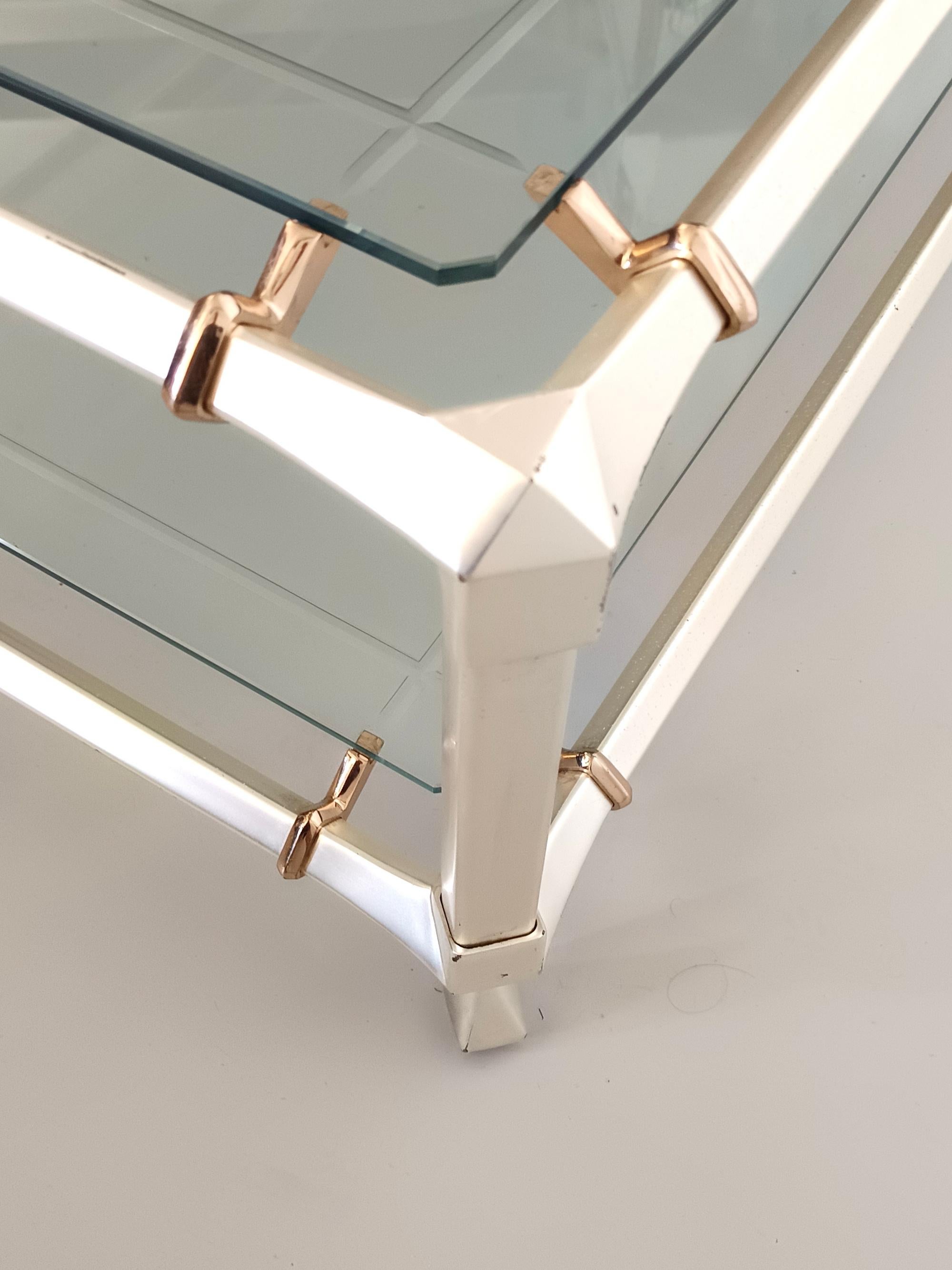 Late 20th Century Rectangular Engraved Crystal and White Metal Coffee Table with a Lower Shelf For Sale
