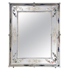 Rectangular Engraved Venetian Italian Clear and Royal Blue Wall Mirror