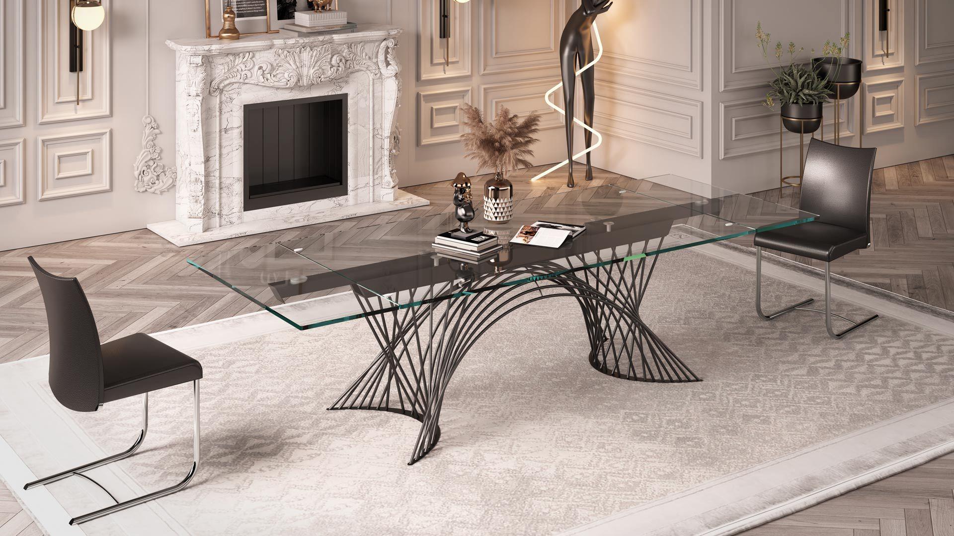 Italian Rectangular extendable table in glass Naos Latour - W 220/300cm (86.6/118.1 in) For Sale