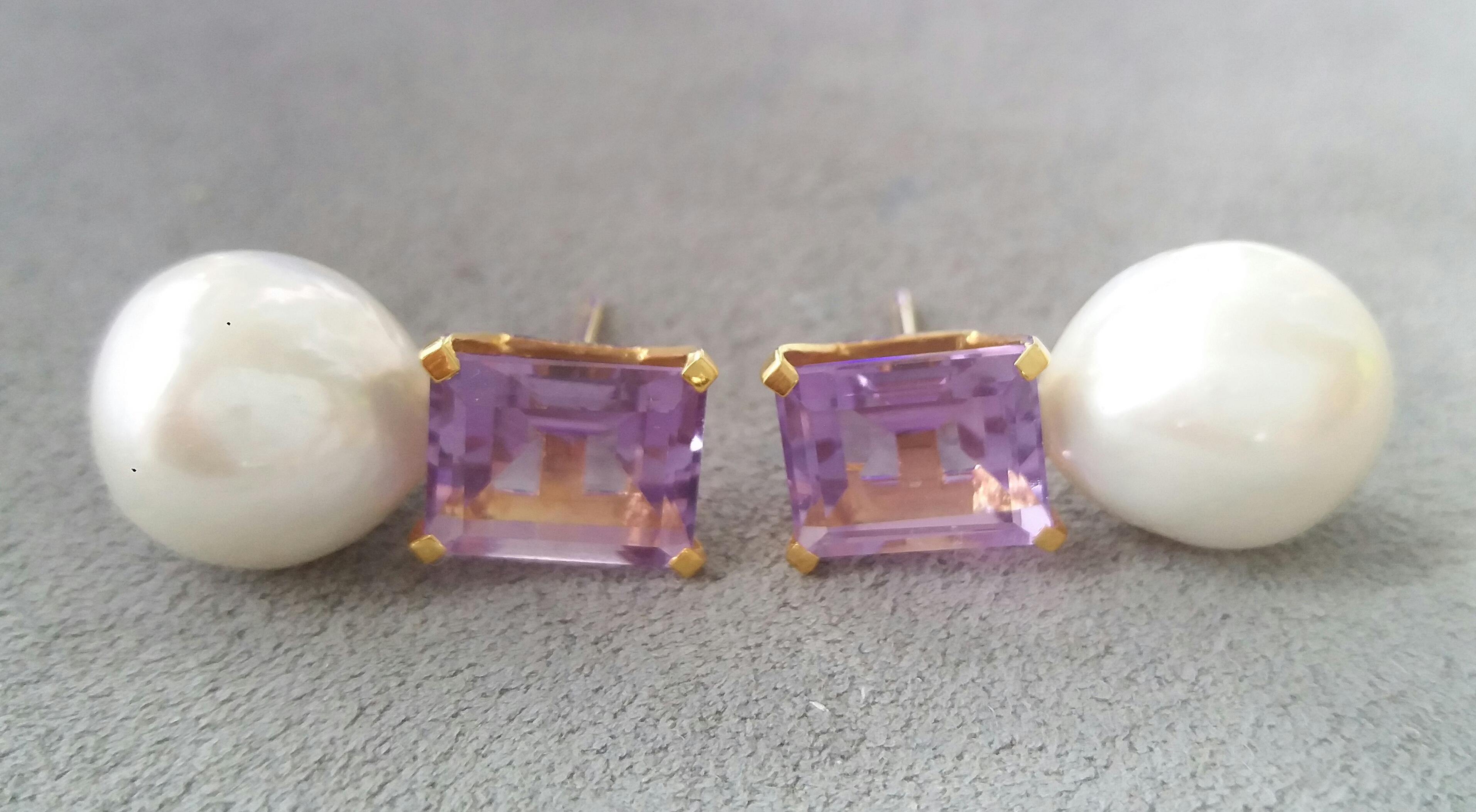 These simple but elegant earrings have 2 faceted rectangular Natural Amethysts set in yellow gold at the top to which are suspended 2  Baroque White Pearls of 12 mm in diameter

In 1978 our workshop started in Italy to make simple-chic Art Deco