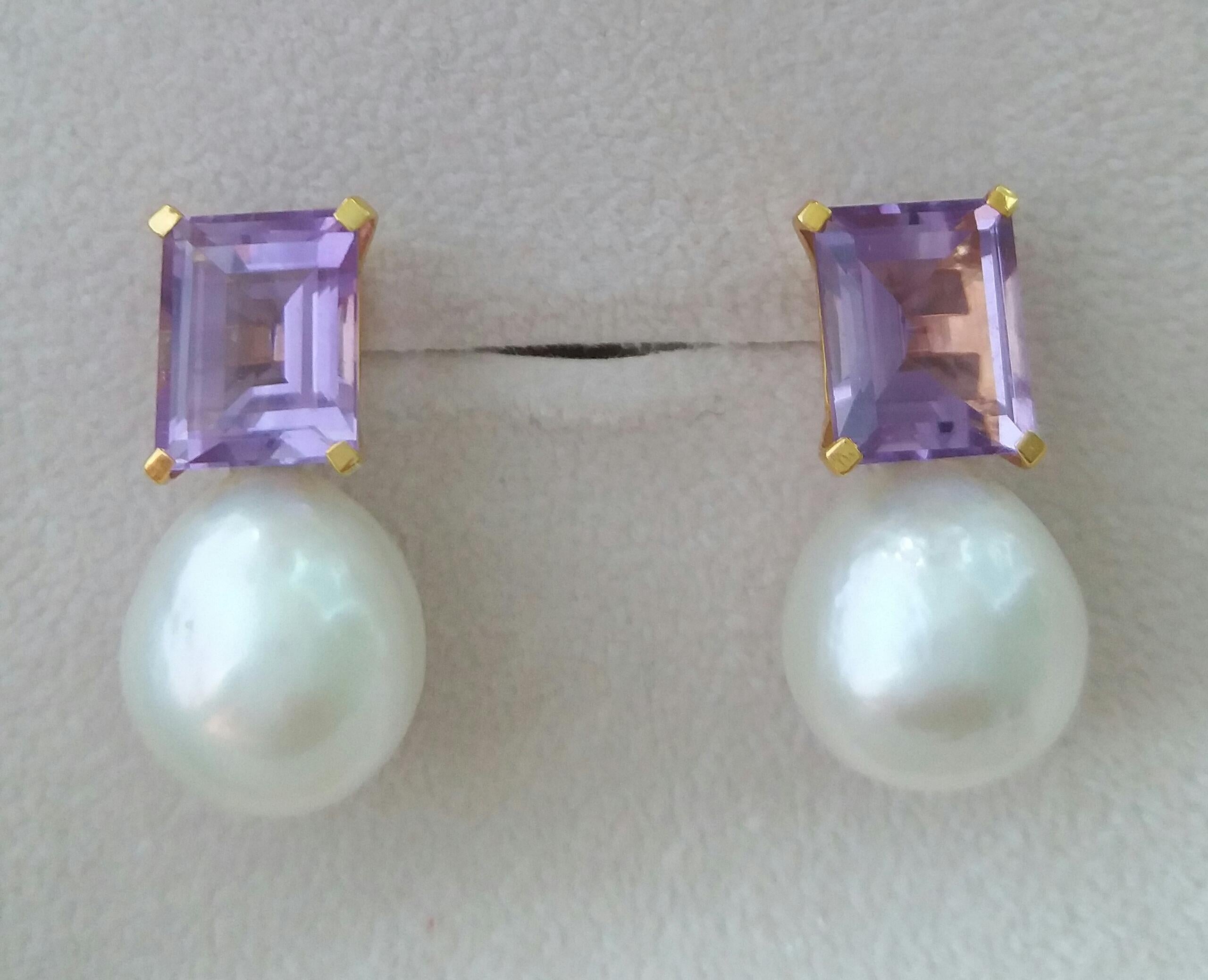 Mixed Cut Rectangular Faceted Amethist Yellow Gold Baroque White Pearl Earrings For Sale