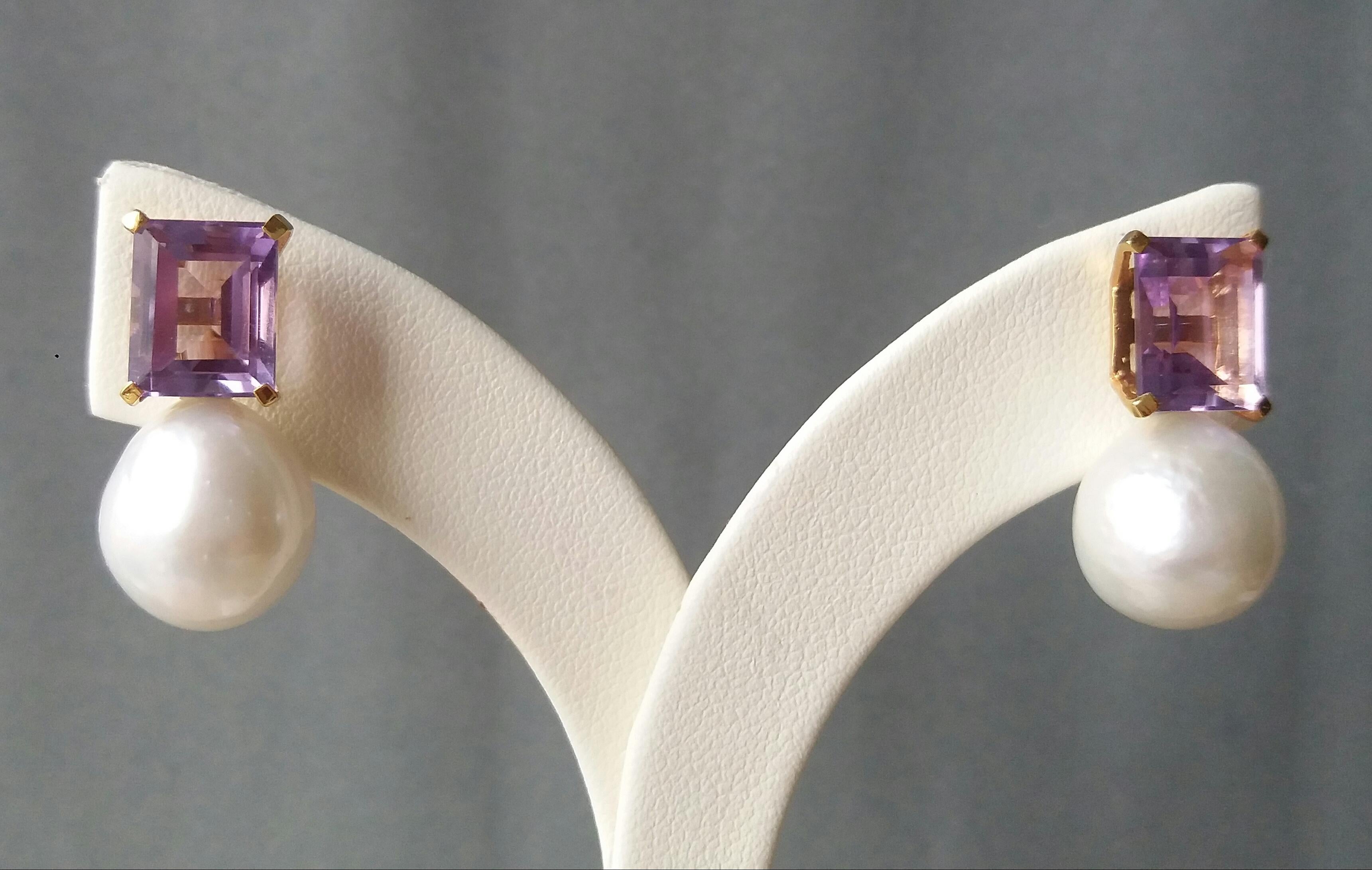 Rectangular Faceted Amethist Yellow Gold Baroque White Pearl Earrings In Good Condition For Sale In Bangkok, TH