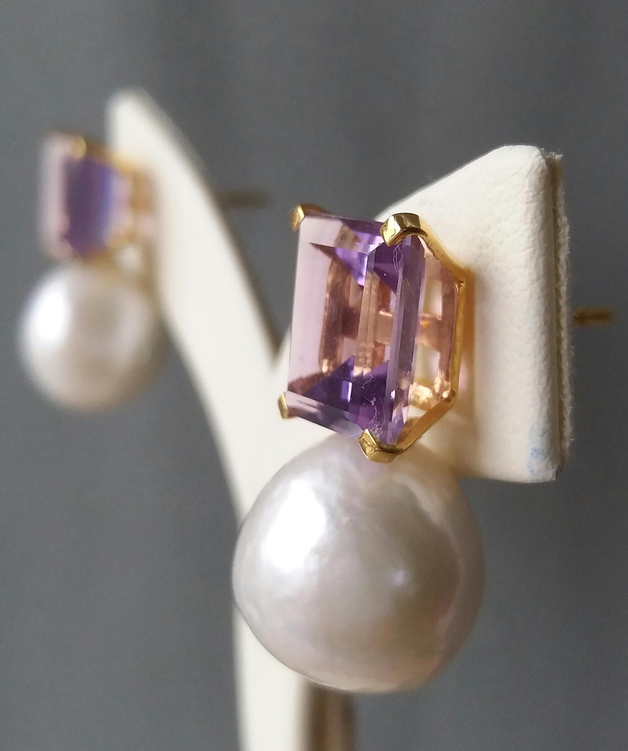 Women's Rectangular Faceted Amethist Yellow Gold Baroque White Pearl Earrings For Sale