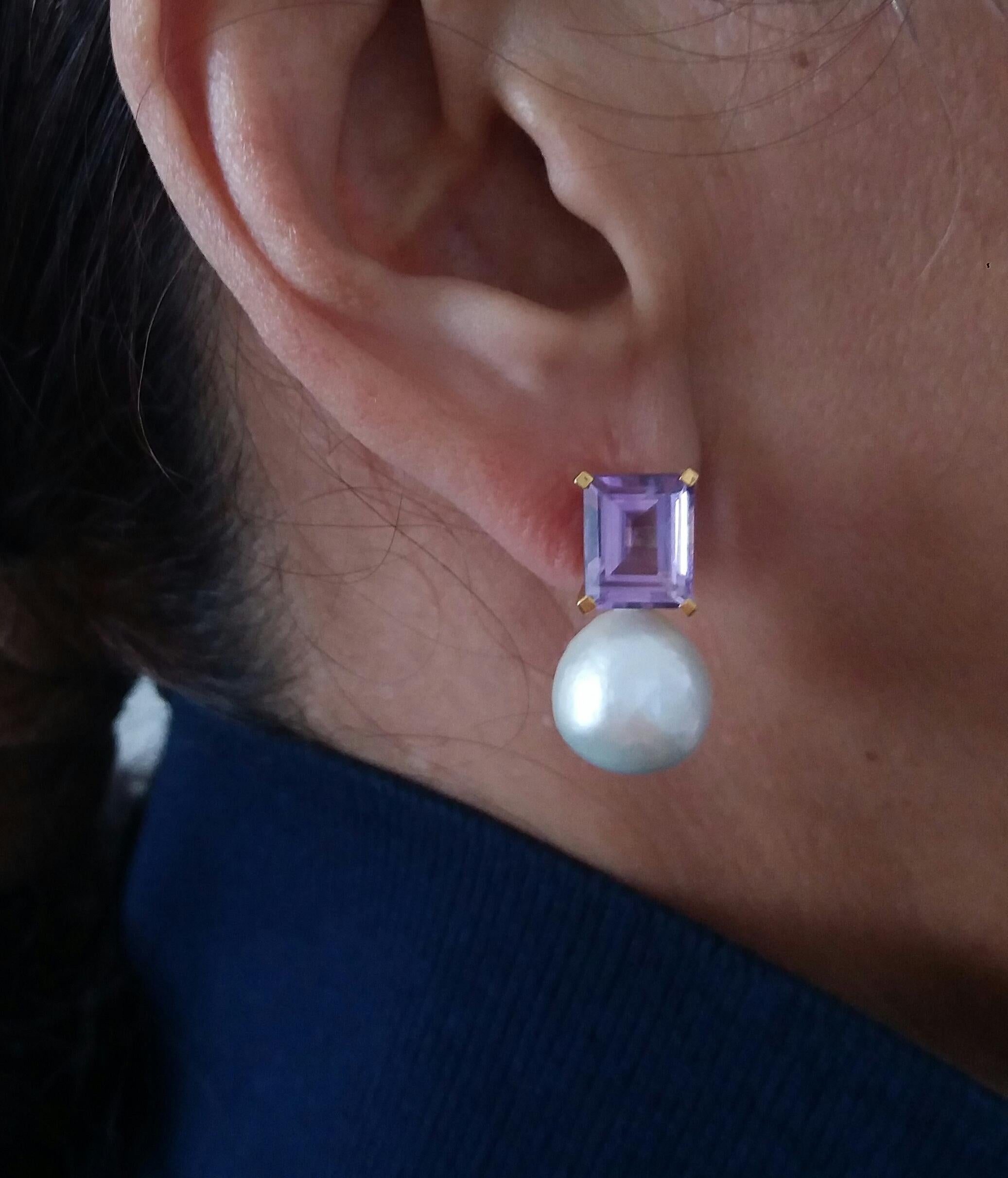 Rectangular Faceted Amethist Yellow Gold Baroque White Pearl Earrings For Sale 1