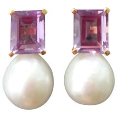 Rectangular Faceted Amethist Yellow Gold Baroque White Pearl Earrings