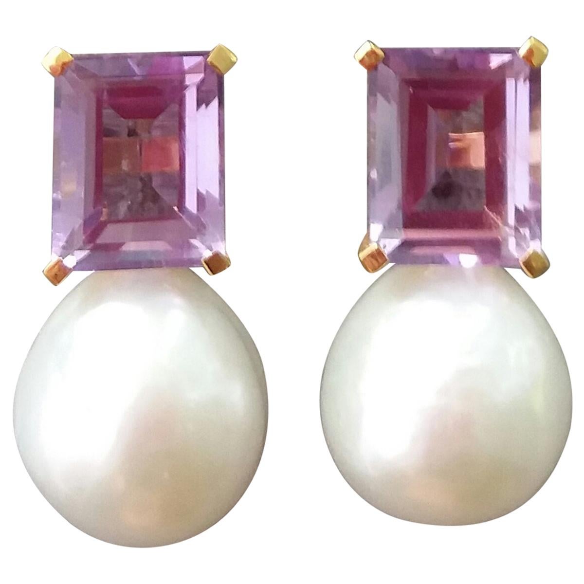 Rectangular Faceted Amethist Yellow Gold Baroque White Pearl Earrings For Sale