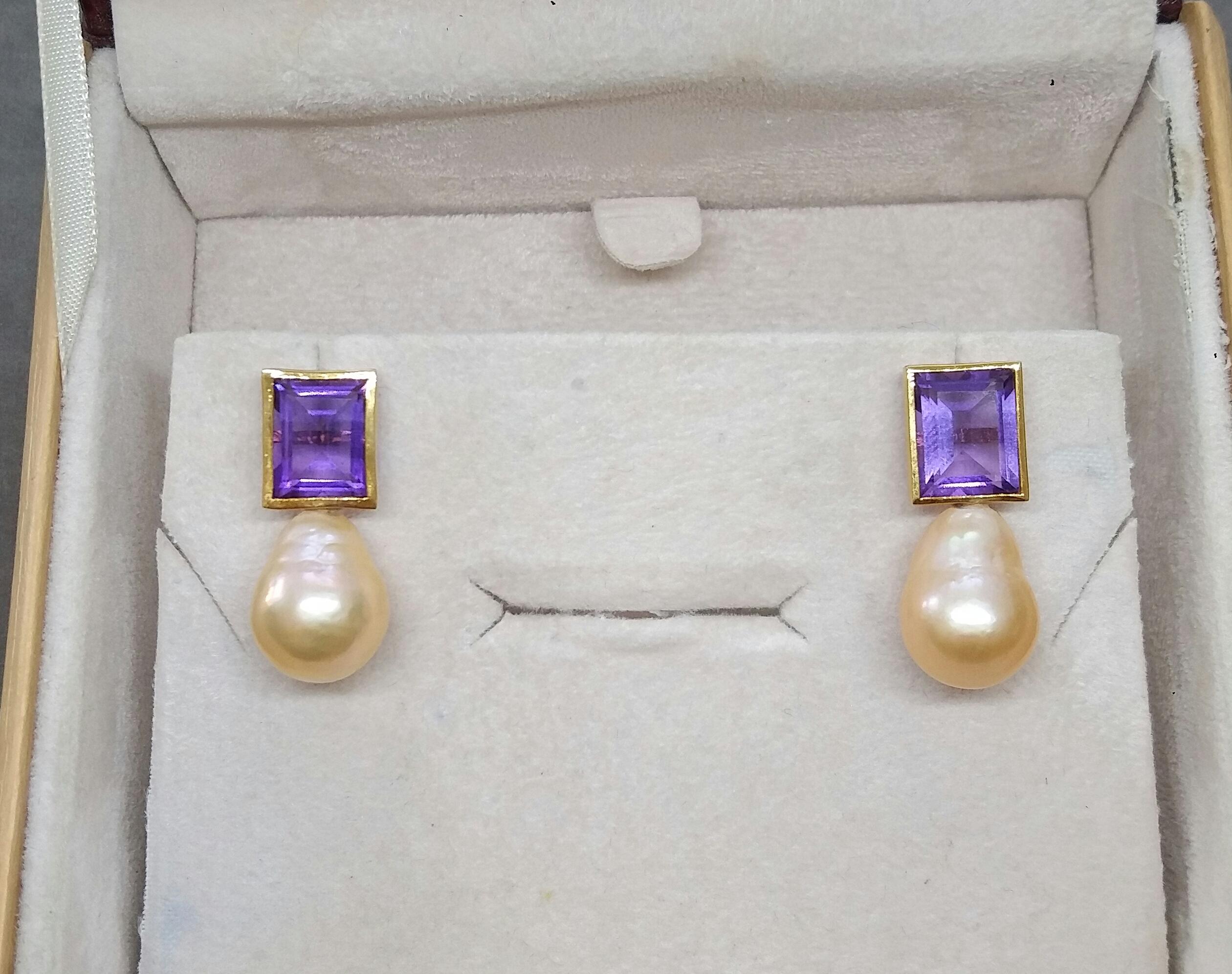 Rectangular Faceted Amethyst 14 K Yellow Gold Cream Baroque Pearls Stud Earrings For Sale 5