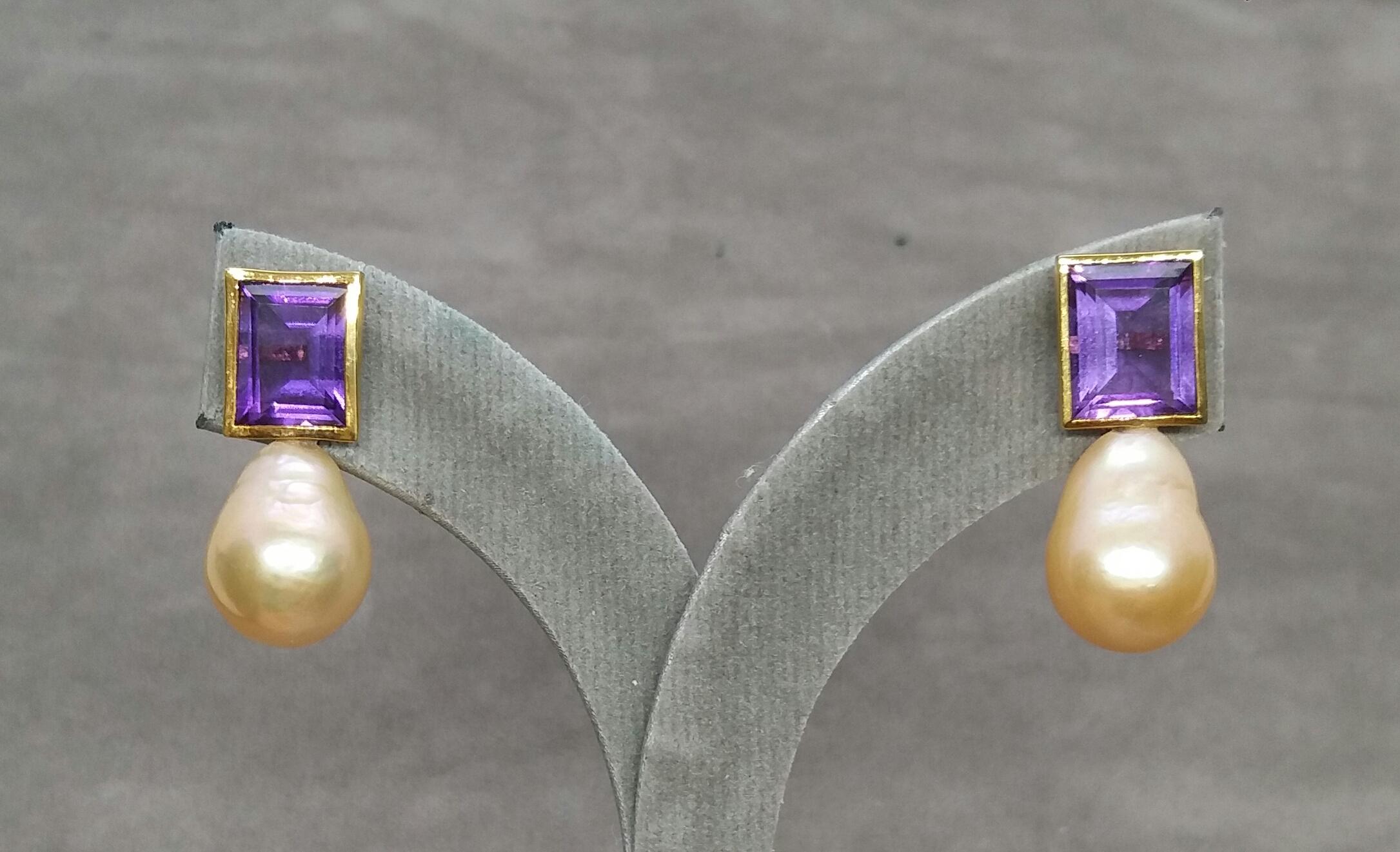 Rectangular Faceted Amethyst 14 K Yellow Gold Cream Baroque Pearls Stud Earrings For Sale 7