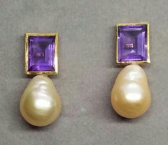 Rectangular Faceted Amethyst 14 K Yellow Gold Cream Baroque Pearls Stud Earrings