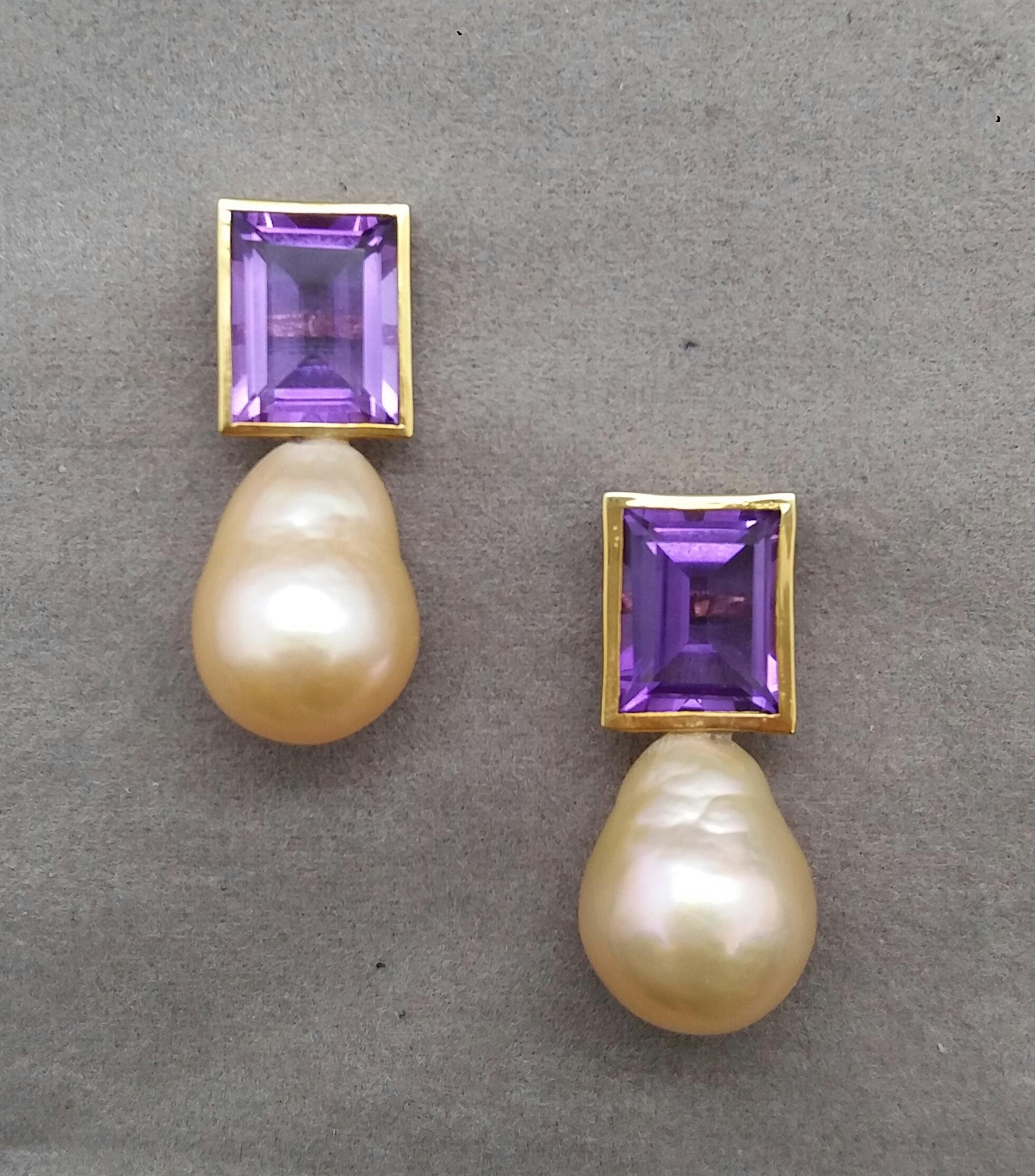 Women's Rectangular Faceted Amethyst 14 K Yellow Gold Cream Baroque Pearls Stud Earrings For Sale