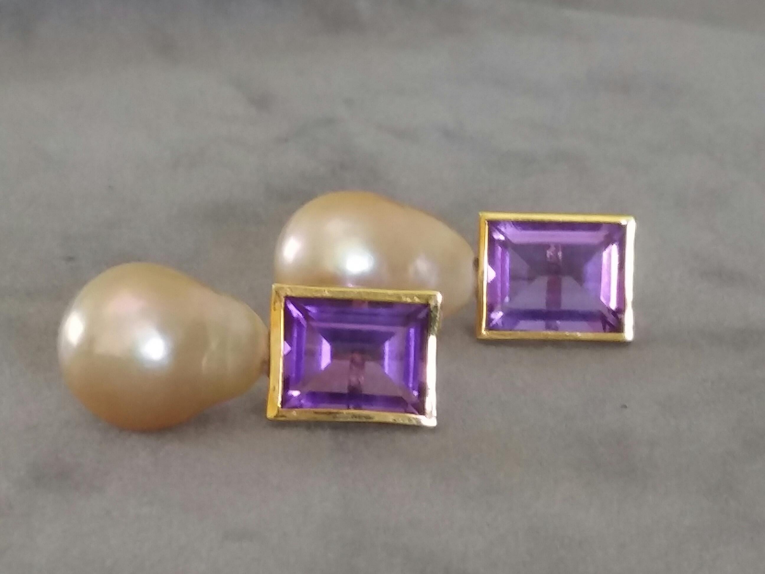 Rectangular Faceted Amethyst 14 K Yellow Gold Cream Baroque Pearls Stud Earrings For Sale 2