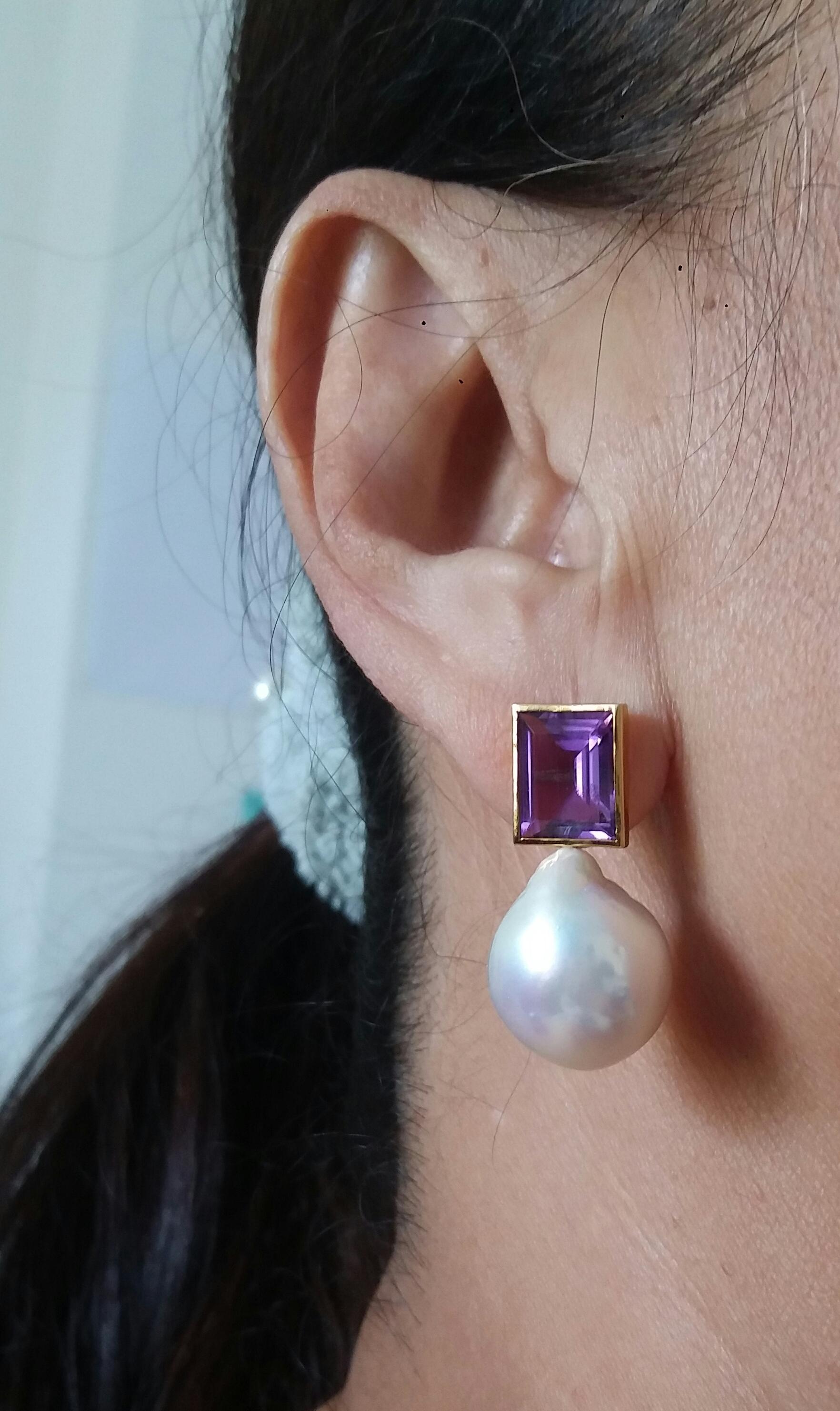 Rectangular Faceted Amethyst 14 K Yellow Gold White Baroque Pearls Stud Earrings For Sale 4