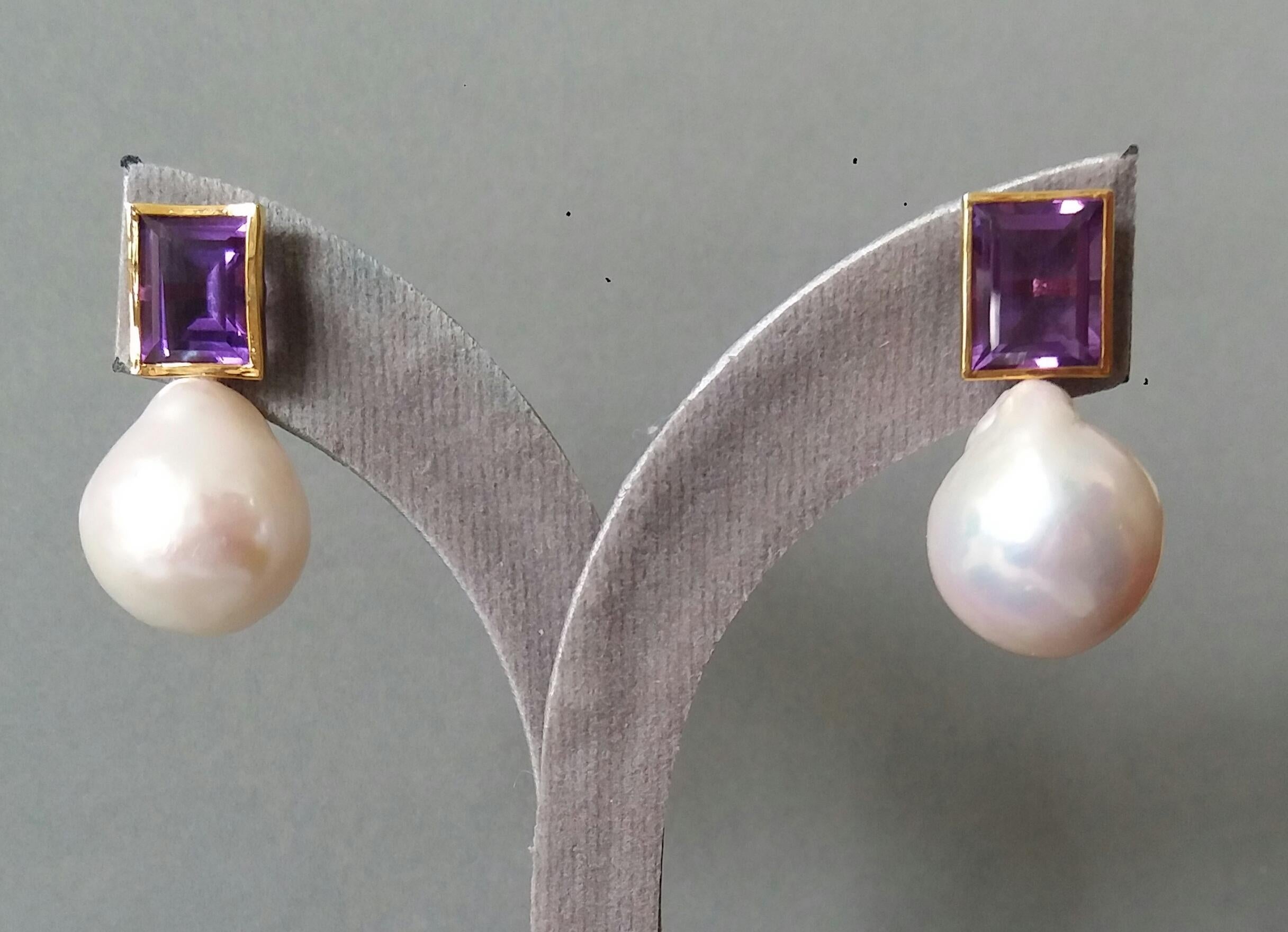 Rectangular Faceted Amethyst 14 K Yellow Gold White Baroque Pearls Stud Earrings For Sale 5