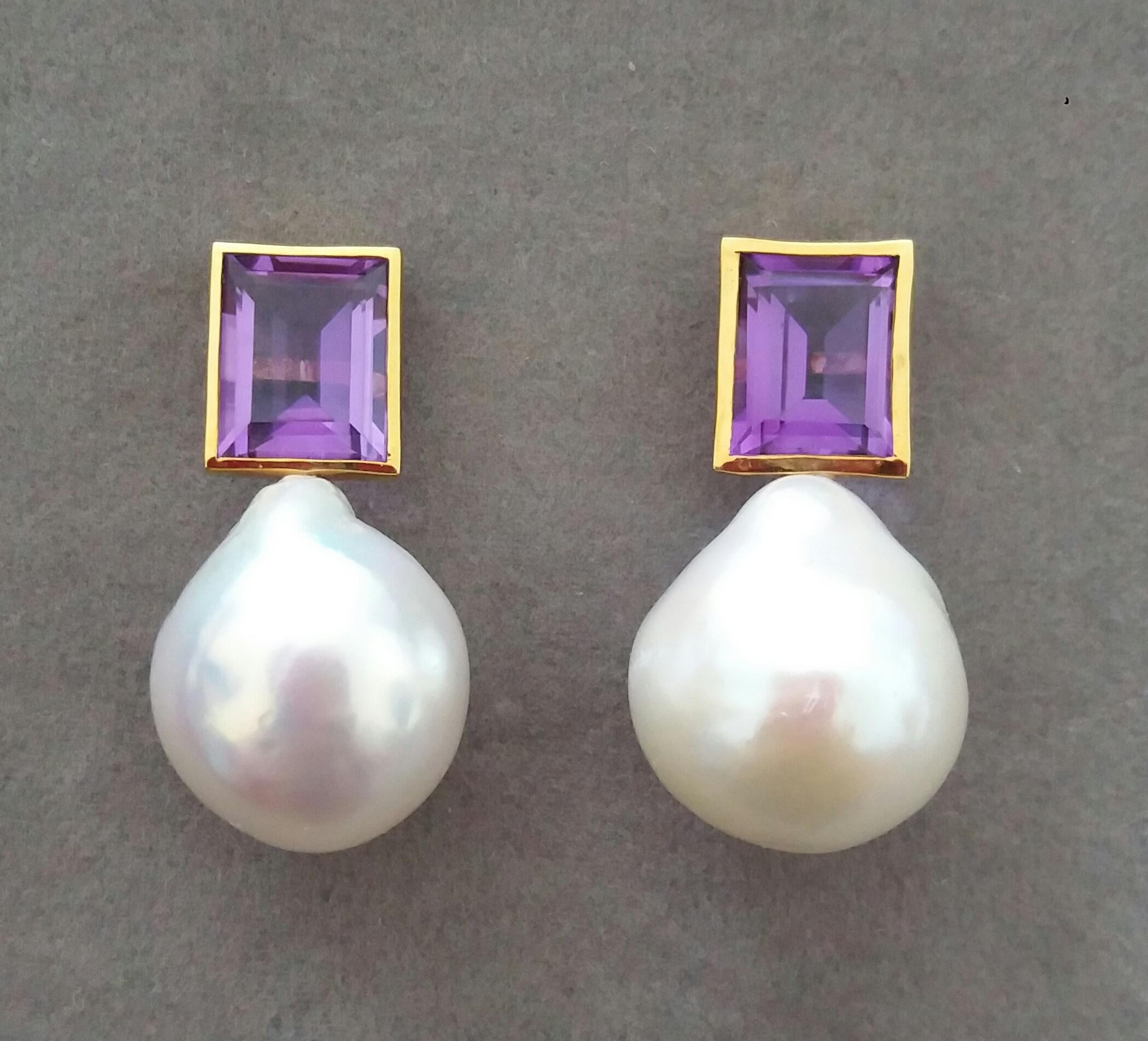 Rectangular Faceted Amethyst 14 K Yellow Gold White Baroque Pearls Stud Earrings For Sale 6