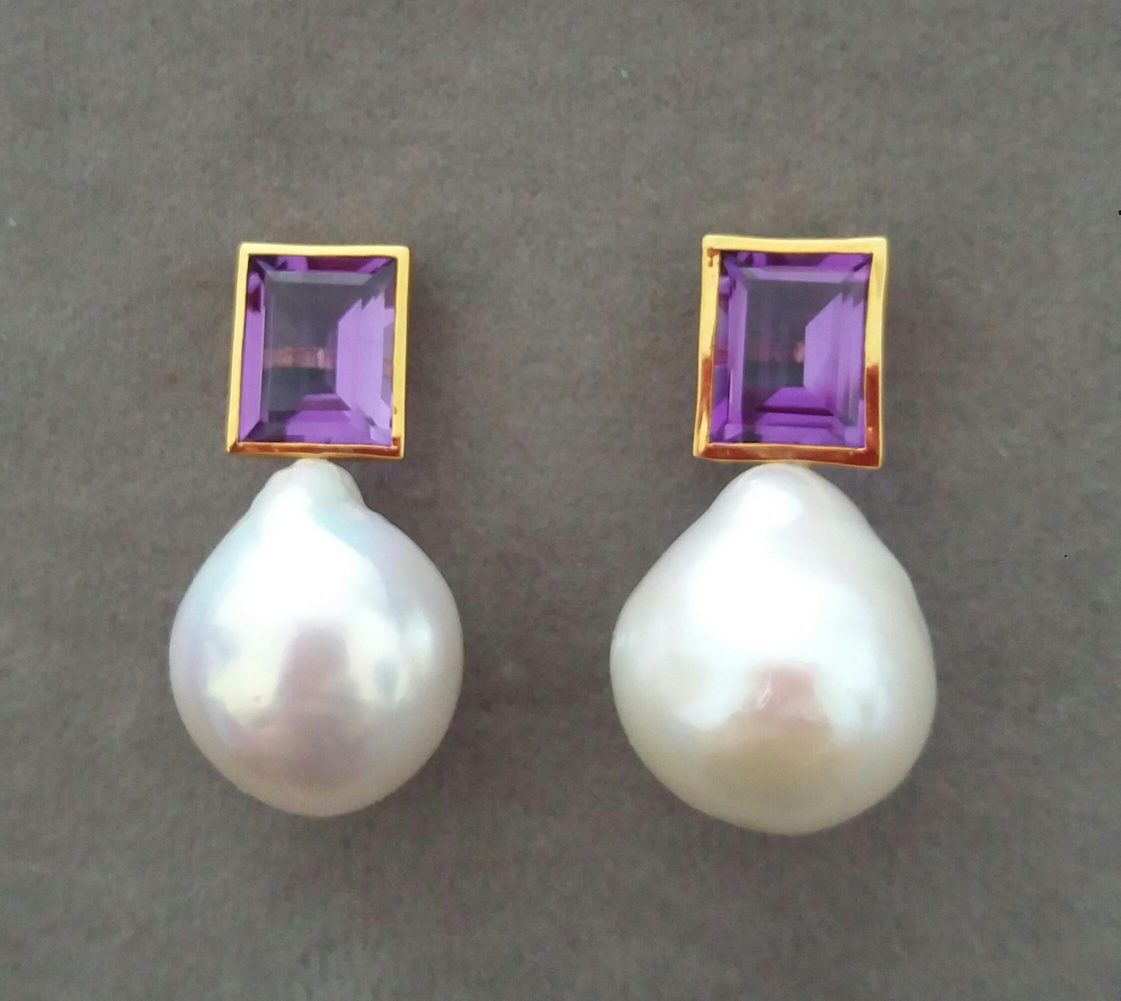 Rectangular Faceted Amethyst 14 K Yellow Gold White Baroque Pearls Stud Earrings For Sale 7