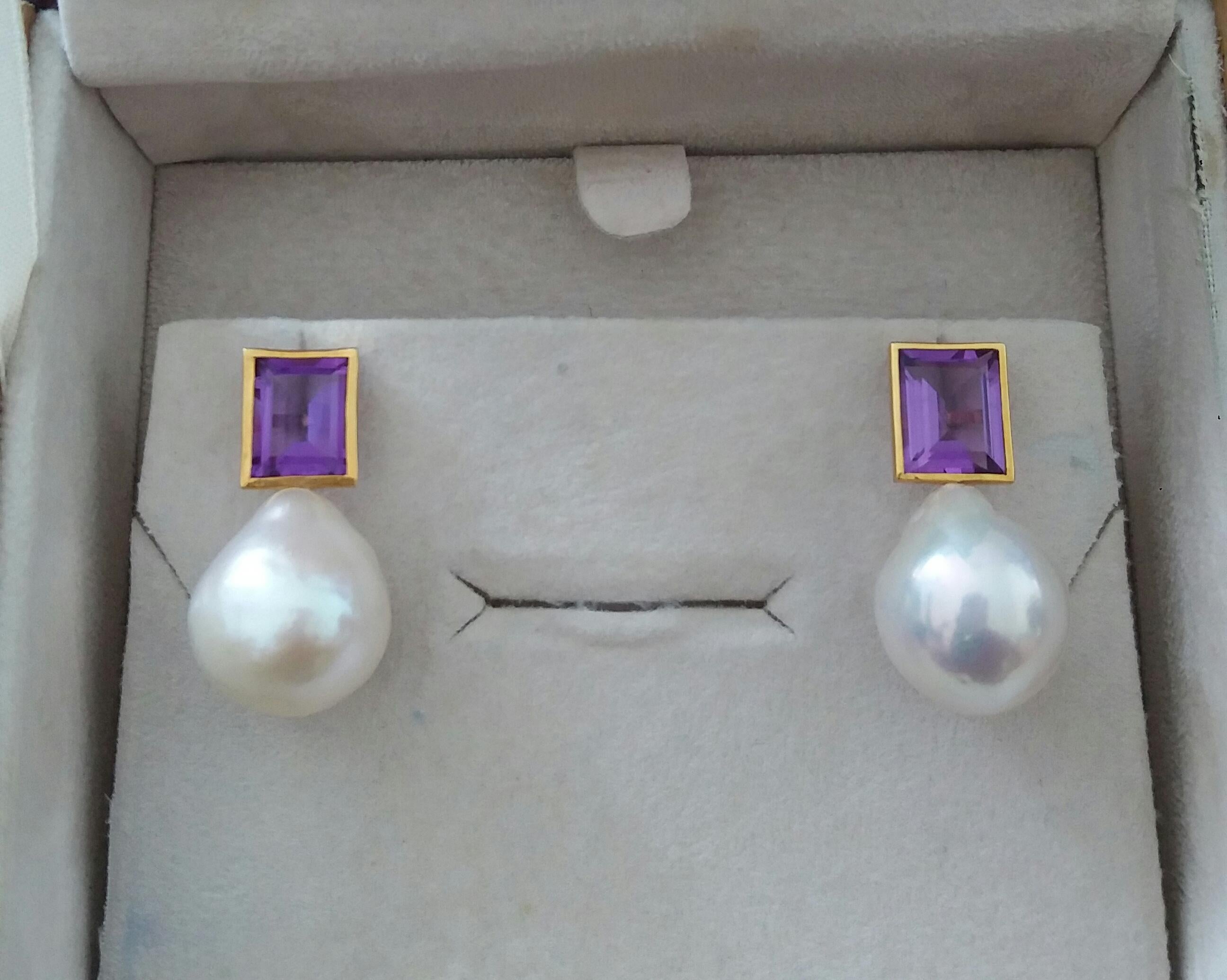 Rectangular Faceted Amethyst 14 K Yellow Gold White Baroque Pearls Stud Earrings For Sale 8