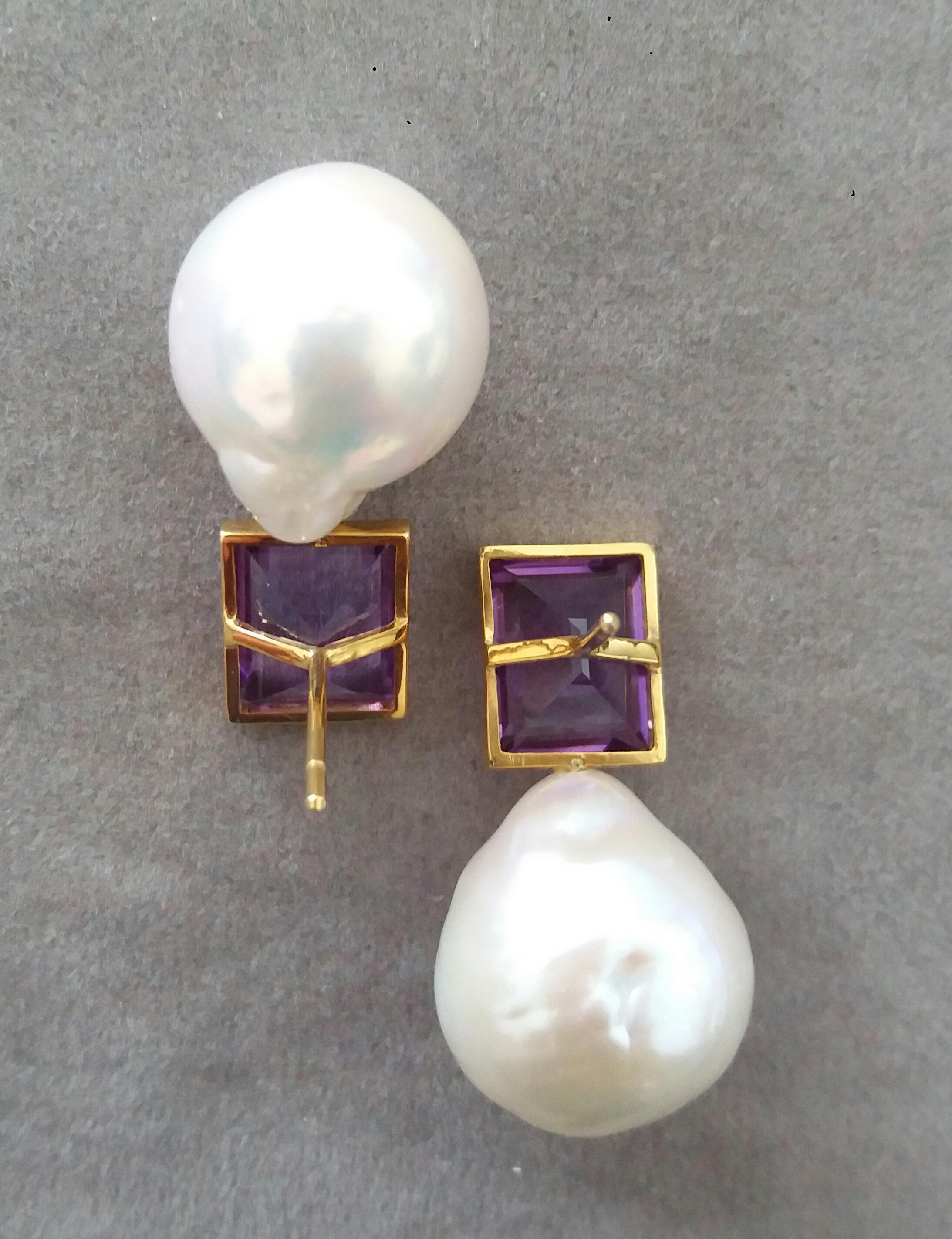Baguette Cut Rectangular Faceted Amethyst 14 K Yellow Gold White Baroque Pearls Stud Earrings For Sale
