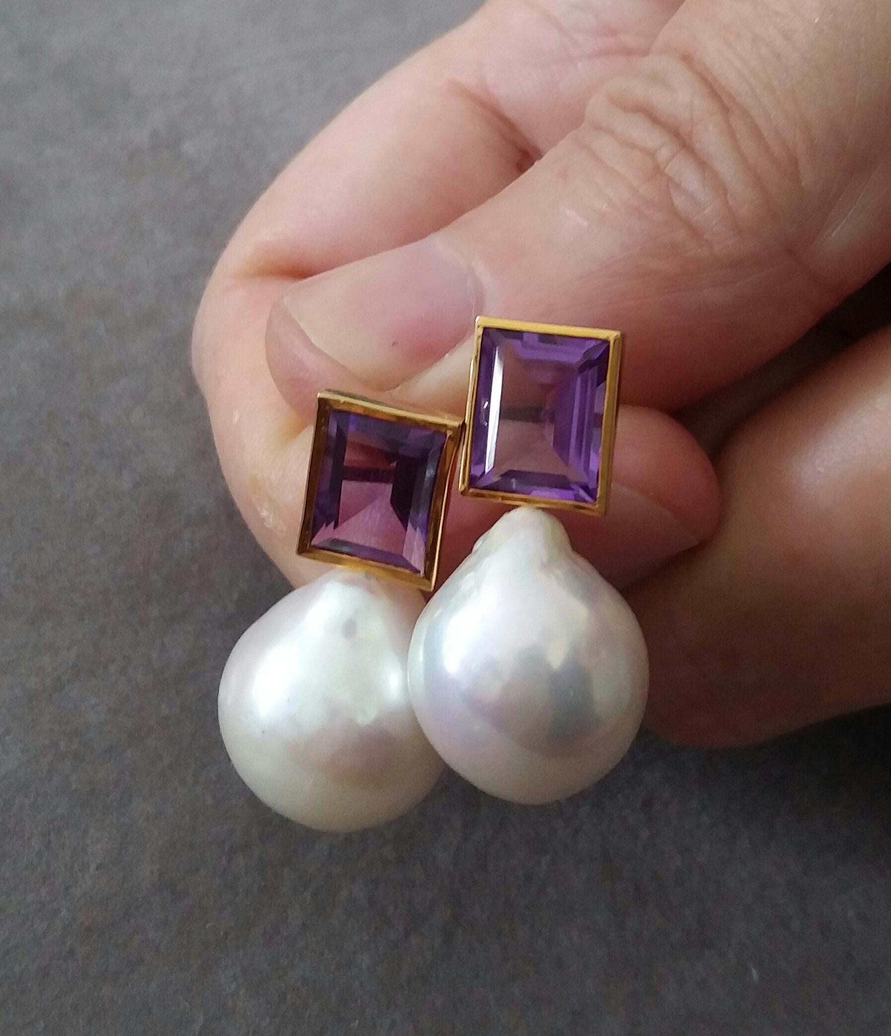 Women's Rectangular Faceted Amethyst 14 K Yellow Gold White Baroque Pearls Stud Earrings For Sale