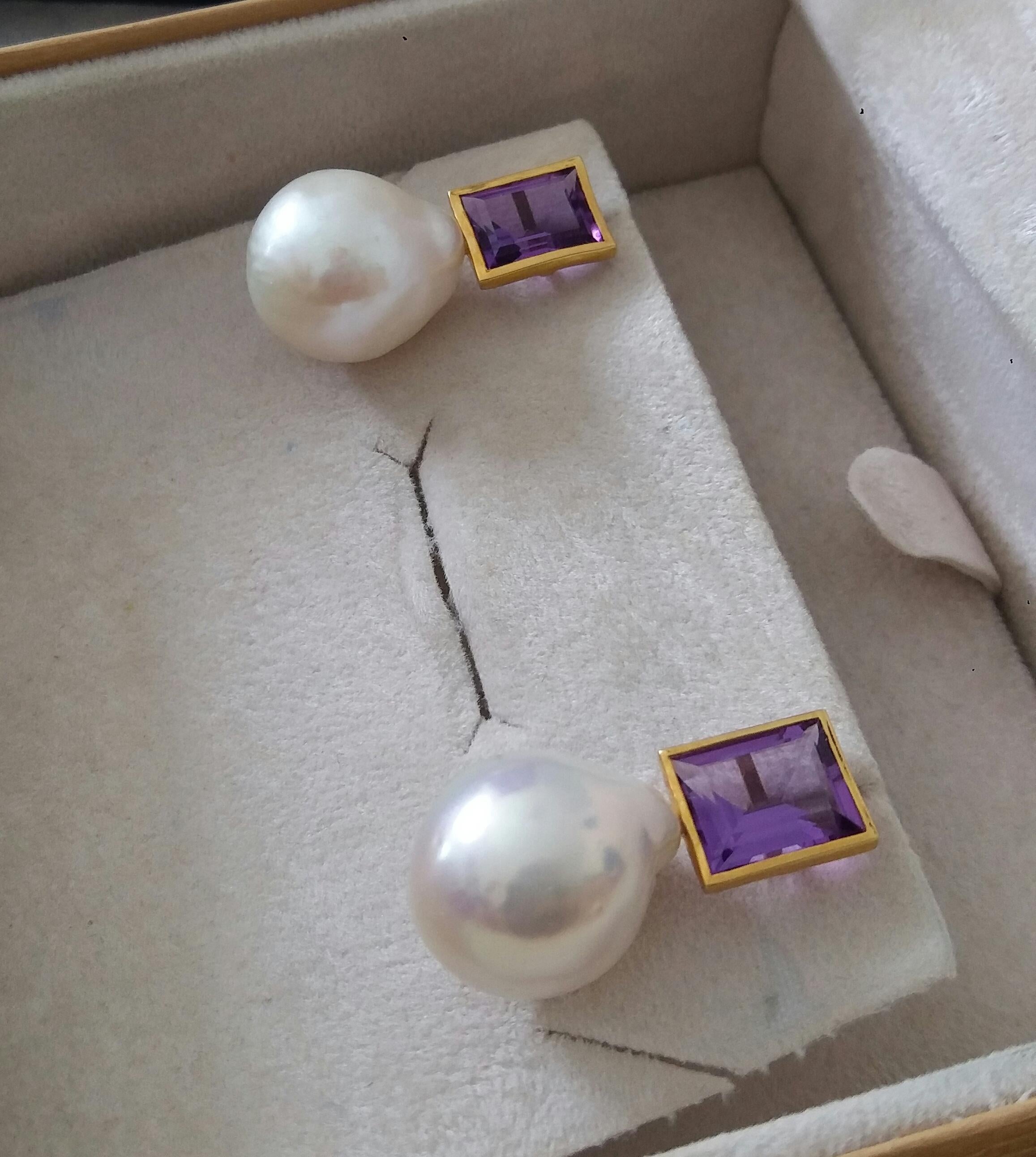 Rectangular Faceted Amethyst 14 K Yellow Gold White Baroque Pearls Stud Earrings For Sale 1