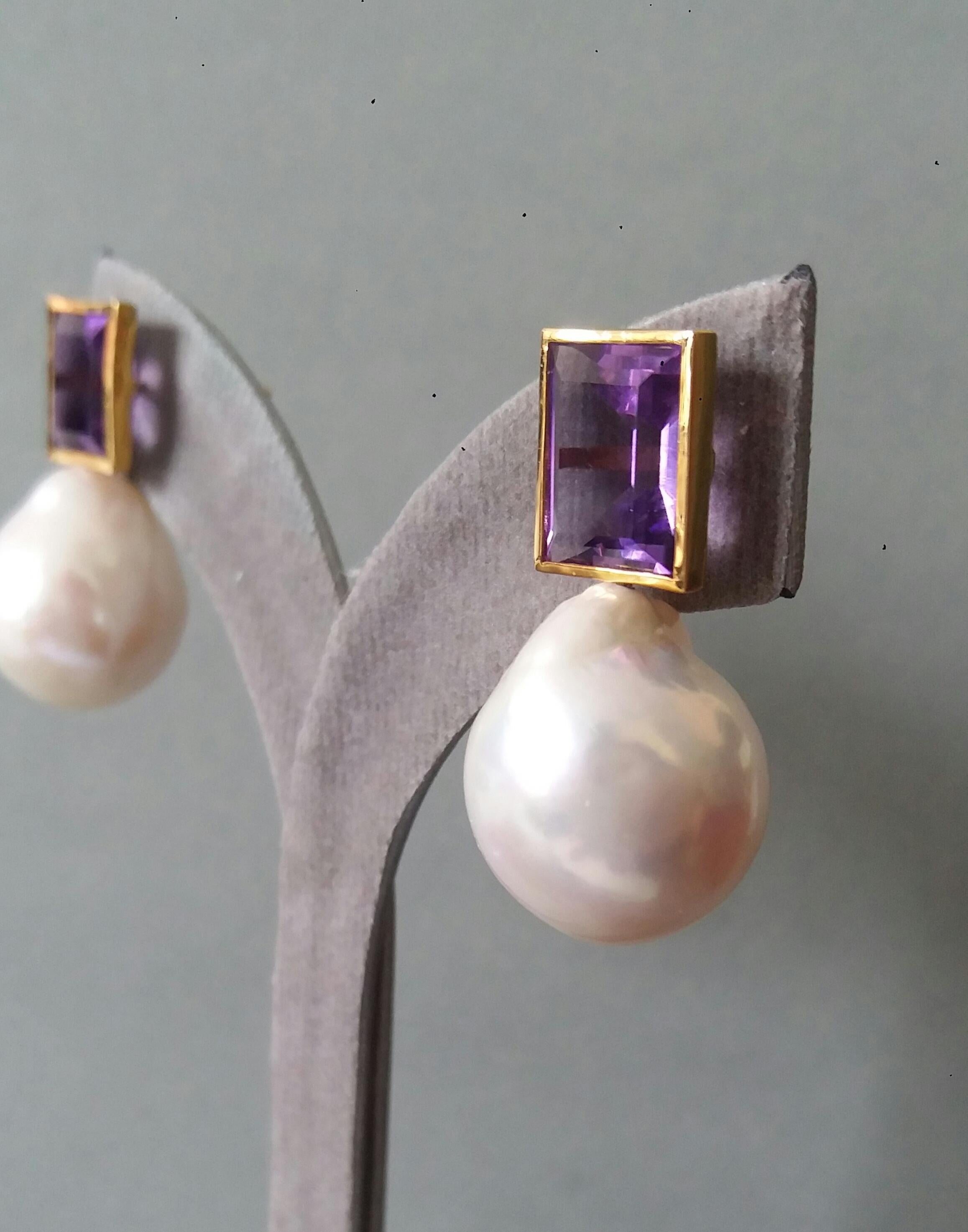 Rectangular Faceted Amethyst 14 K Yellow Gold White Baroque Pearls Stud Earrings For Sale 2