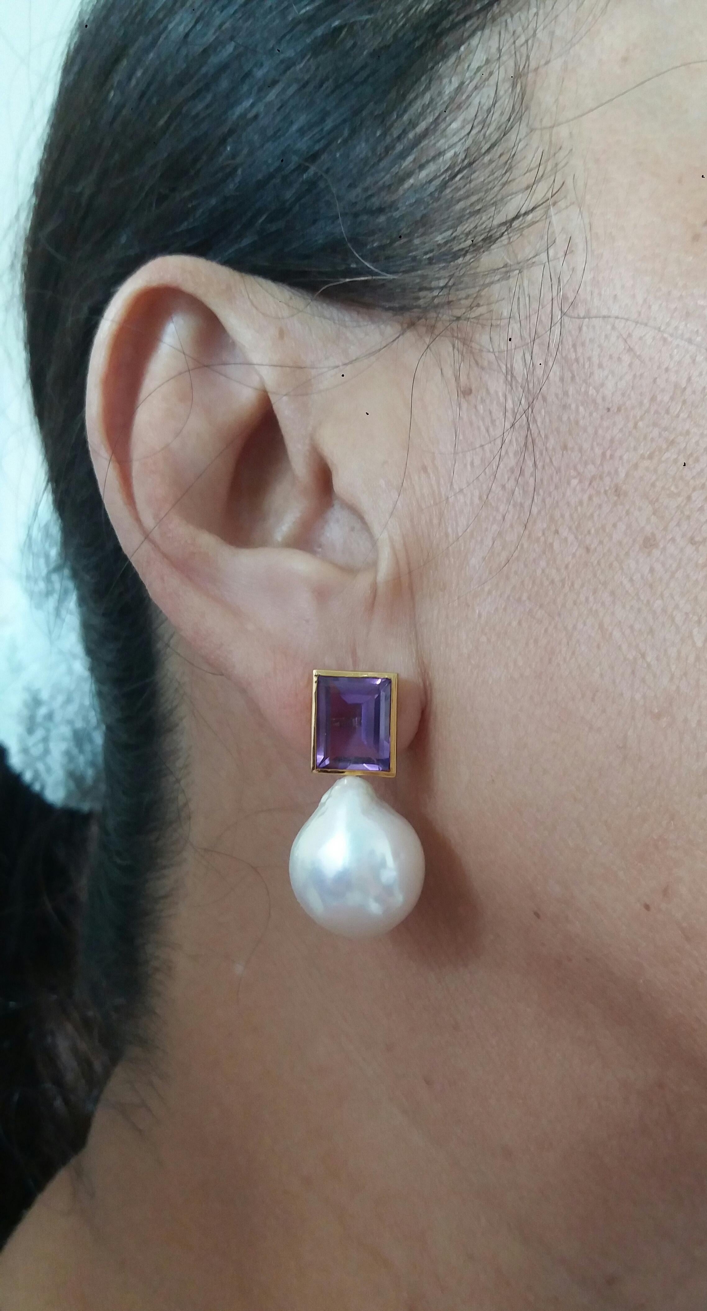 Rectangular Faceted Amethyst 14 K Yellow Gold White Baroque Pearls Stud Earrings For Sale 3