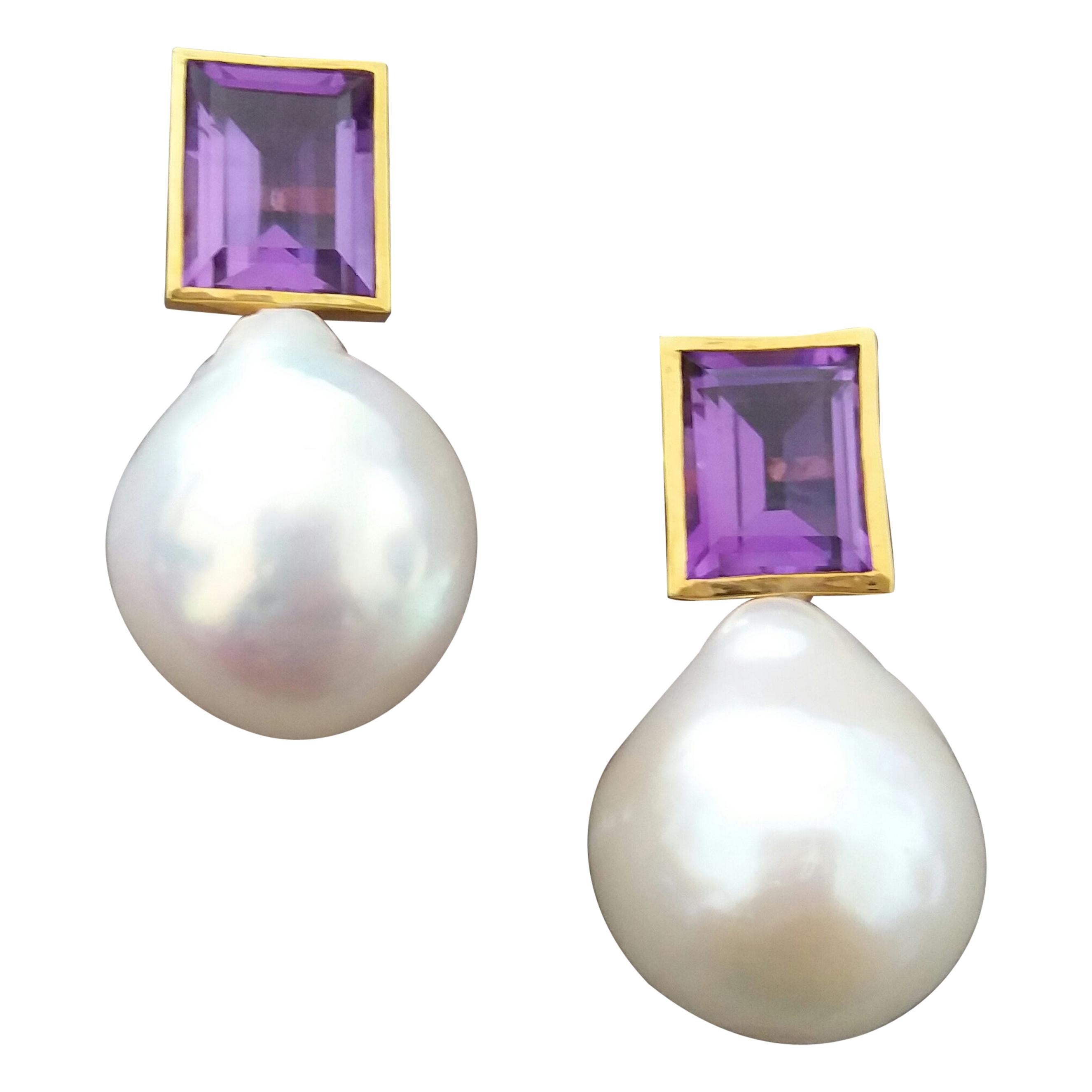 Rectangular Faceted Amethyst 14 K Yellow Gold White Baroque Pearls Stud Earrings