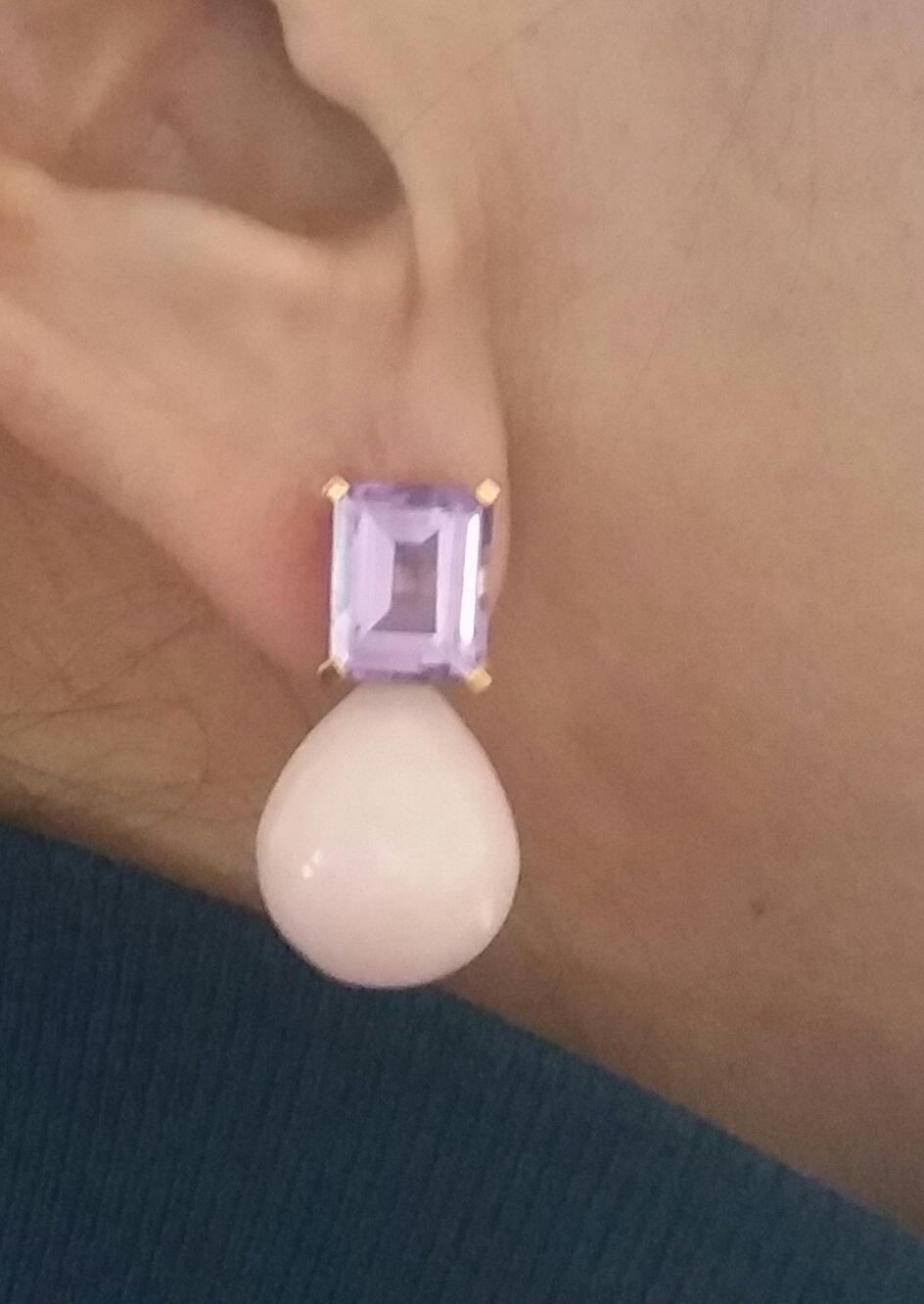 Rectangular Faceted Amethyst 14 Karat Yellow Gold Pink Opal Round Drops Earrings For Sale 4
