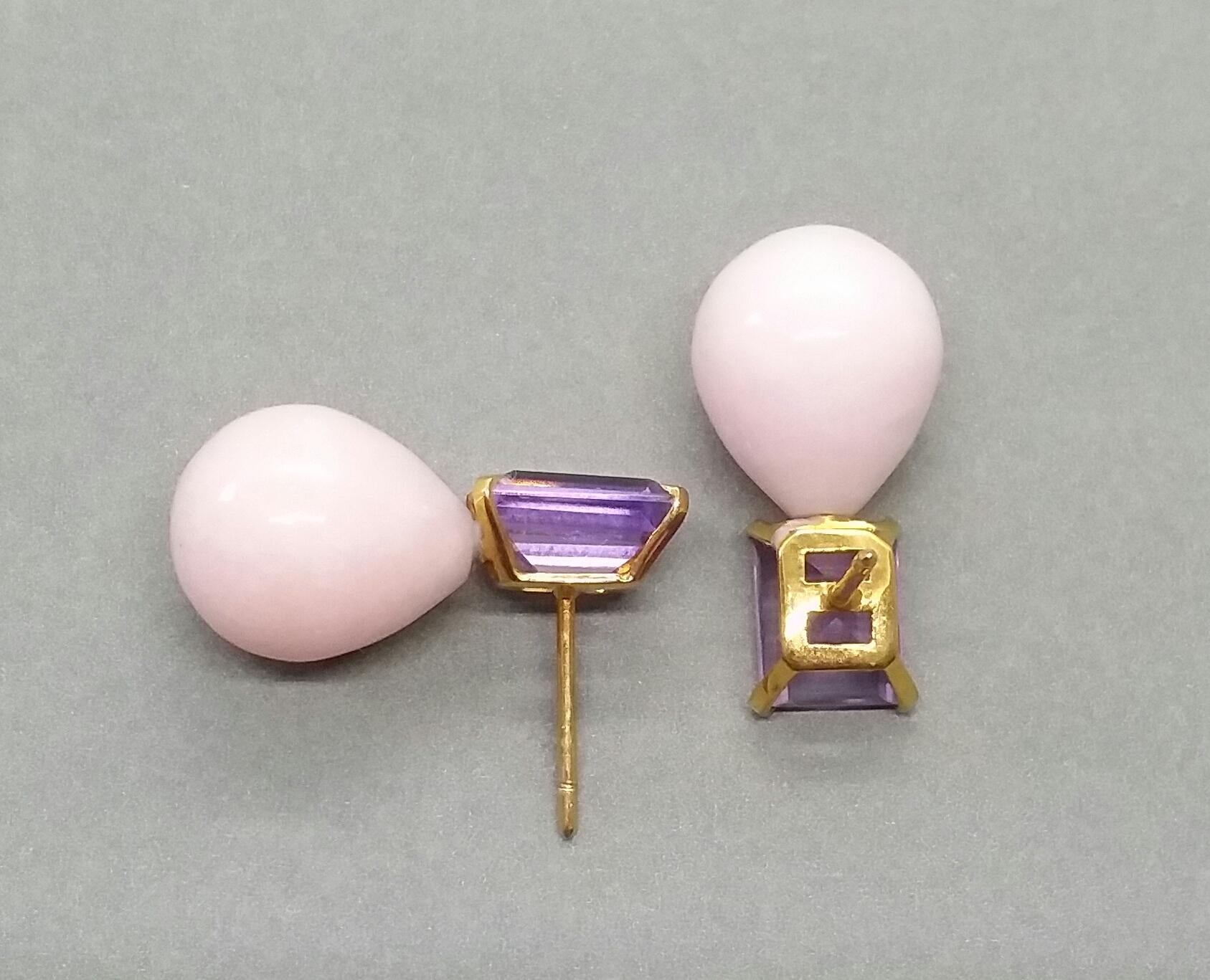 Art Deco Rectangular Faceted Amethyst 14 Karat Yellow Gold Pink Opal Round Drops Earrings For Sale