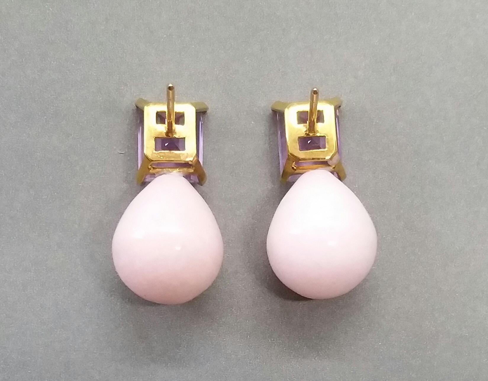 Mixed Cut Rectangular Faceted Amethyst 14 Karat Yellow Gold Pink Opal Round Drops Earrings For Sale
