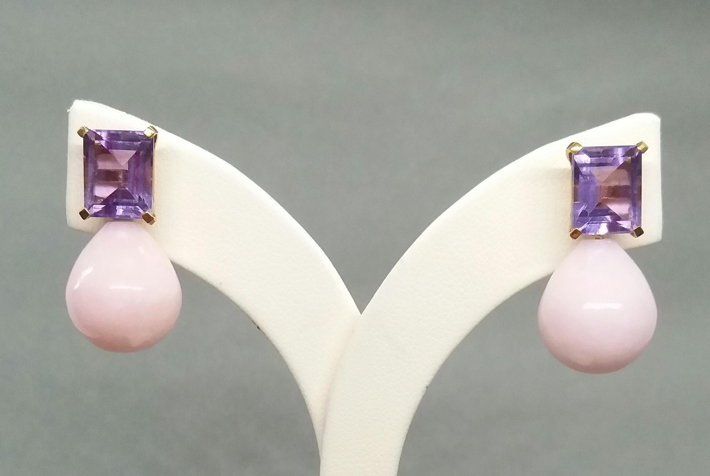 Rectangular Faceted Amethyst 14 Karat Yellow Gold Pink Opal Round Drops Earrings In Good Condition For Sale In Bangkok, TH