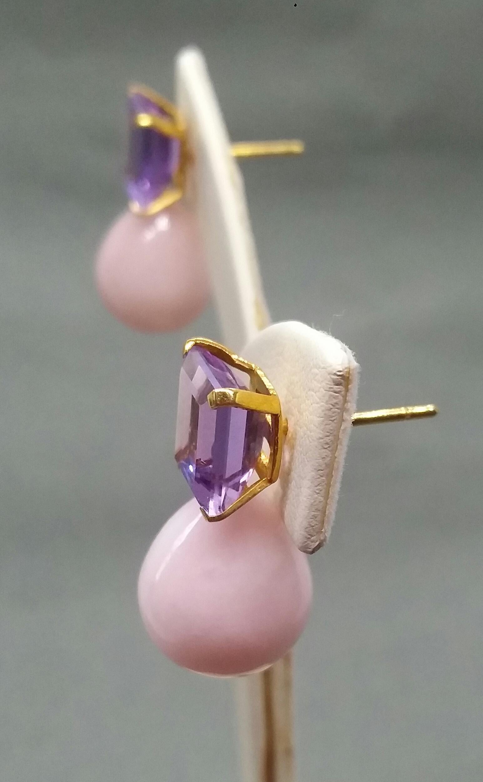 Women's Rectangular Faceted Amethyst 14 Karat Yellow Gold Pink Opal Round Drops Earrings For Sale