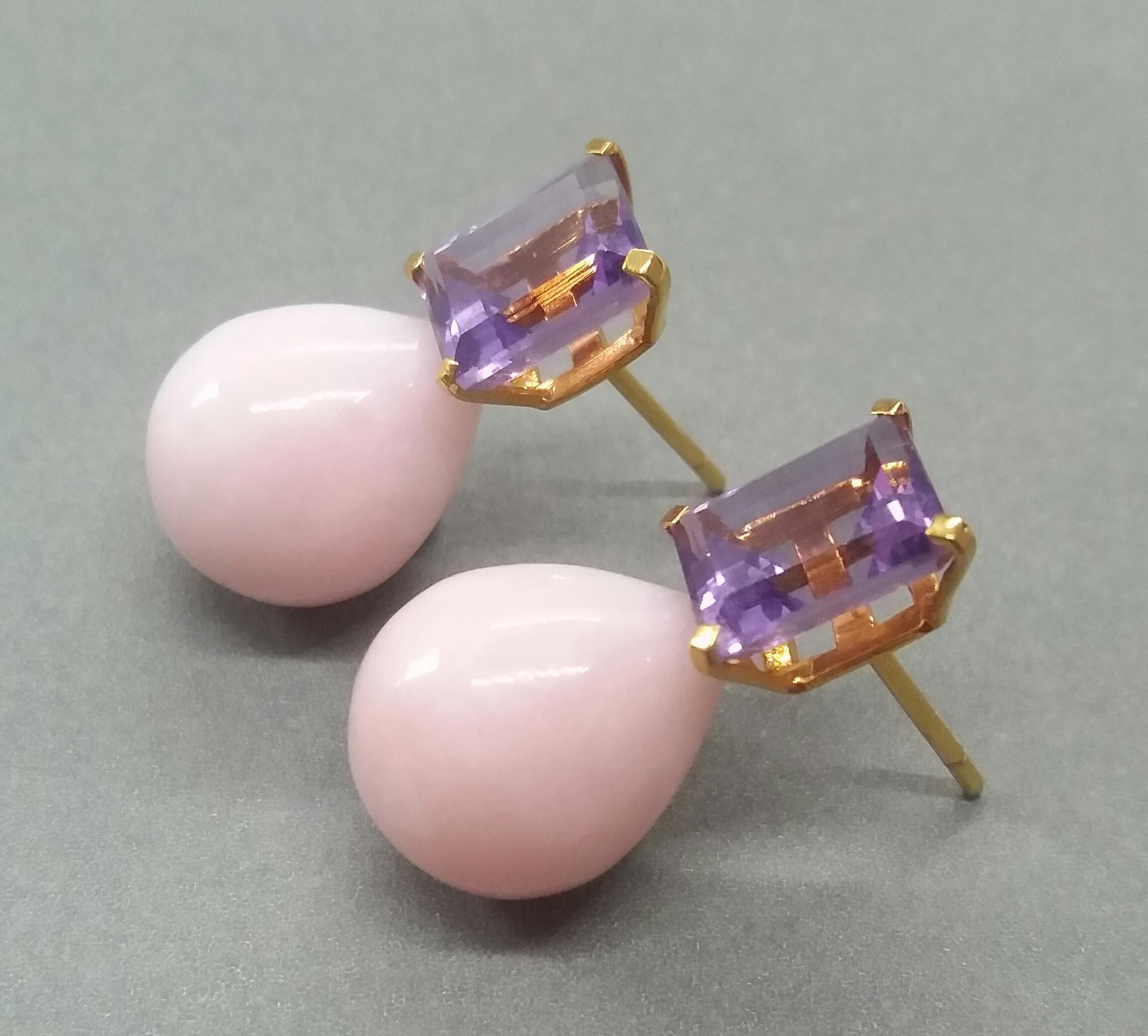 Rectangular Faceted Amethyst 14 Karat Yellow Gold Pink Opal Round Drops Earrings For Sale 1