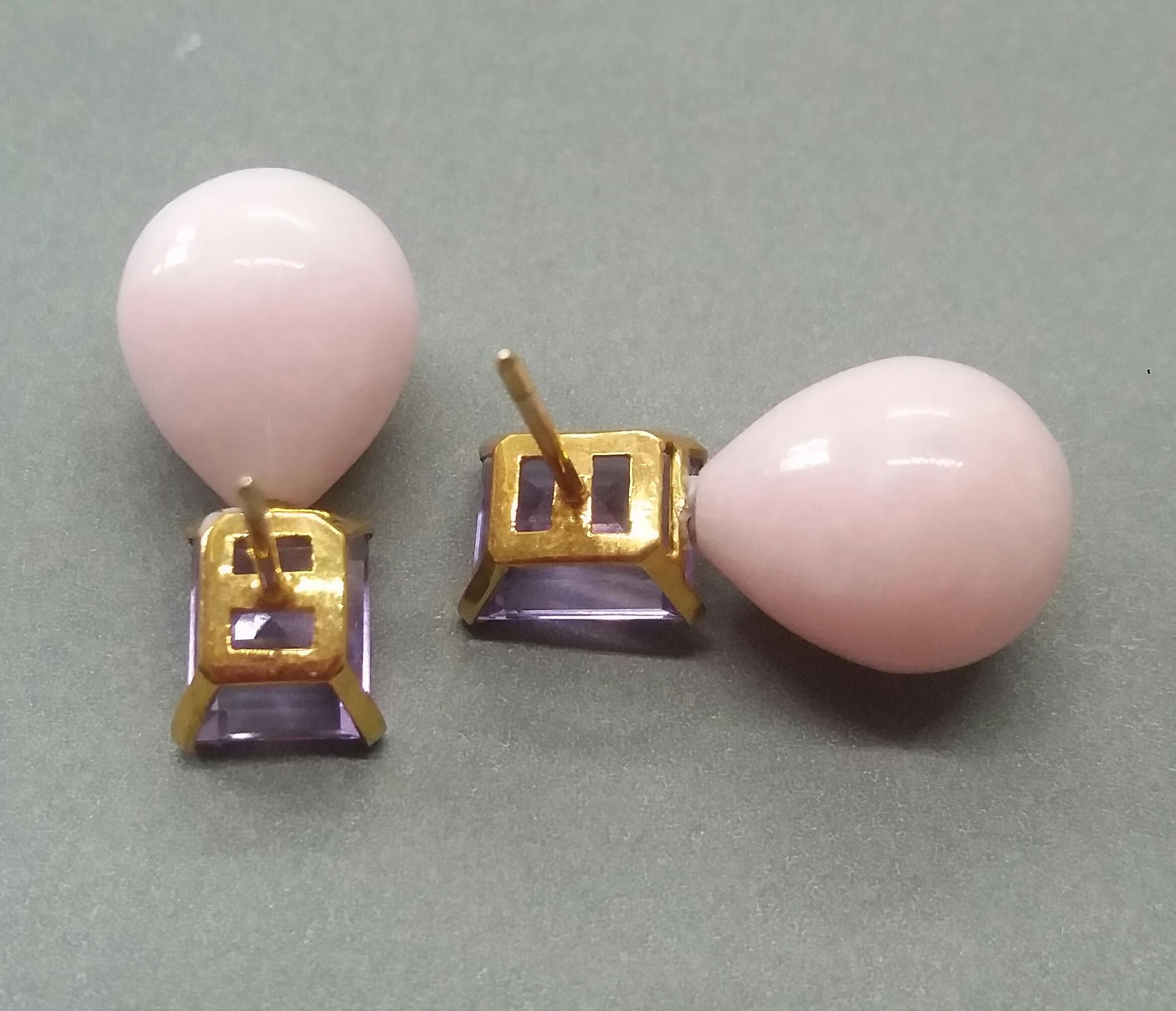 Rectangular Faceted Amethyst 14 Karat Yellow Gold Pink Opal Round Drops Earrings For Sale 2