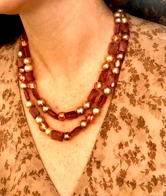 Rectangular faceted double necklace of Amethyst beads and freshwater pearls