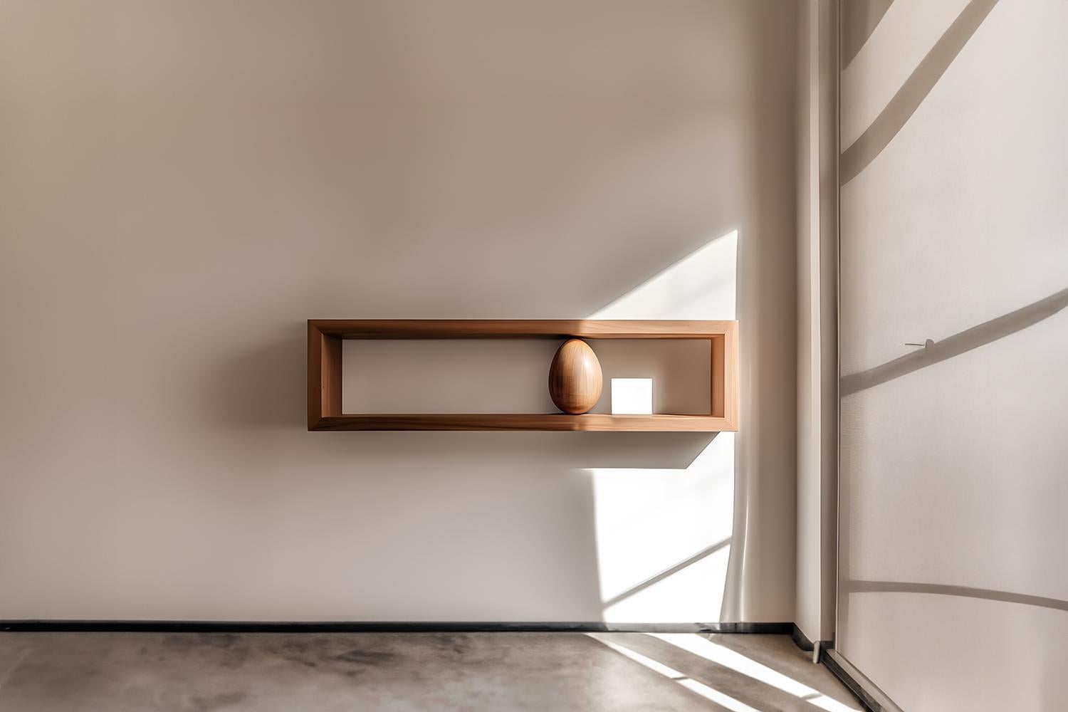 Rectangular Floating Shelf with Close Back and One Large Sculptural Wooden Pebble Accent, Sereno by Joel Escalona
—

What happens when the practical becomes art?
What happens when ornamentation gains significance?

Those were the questions