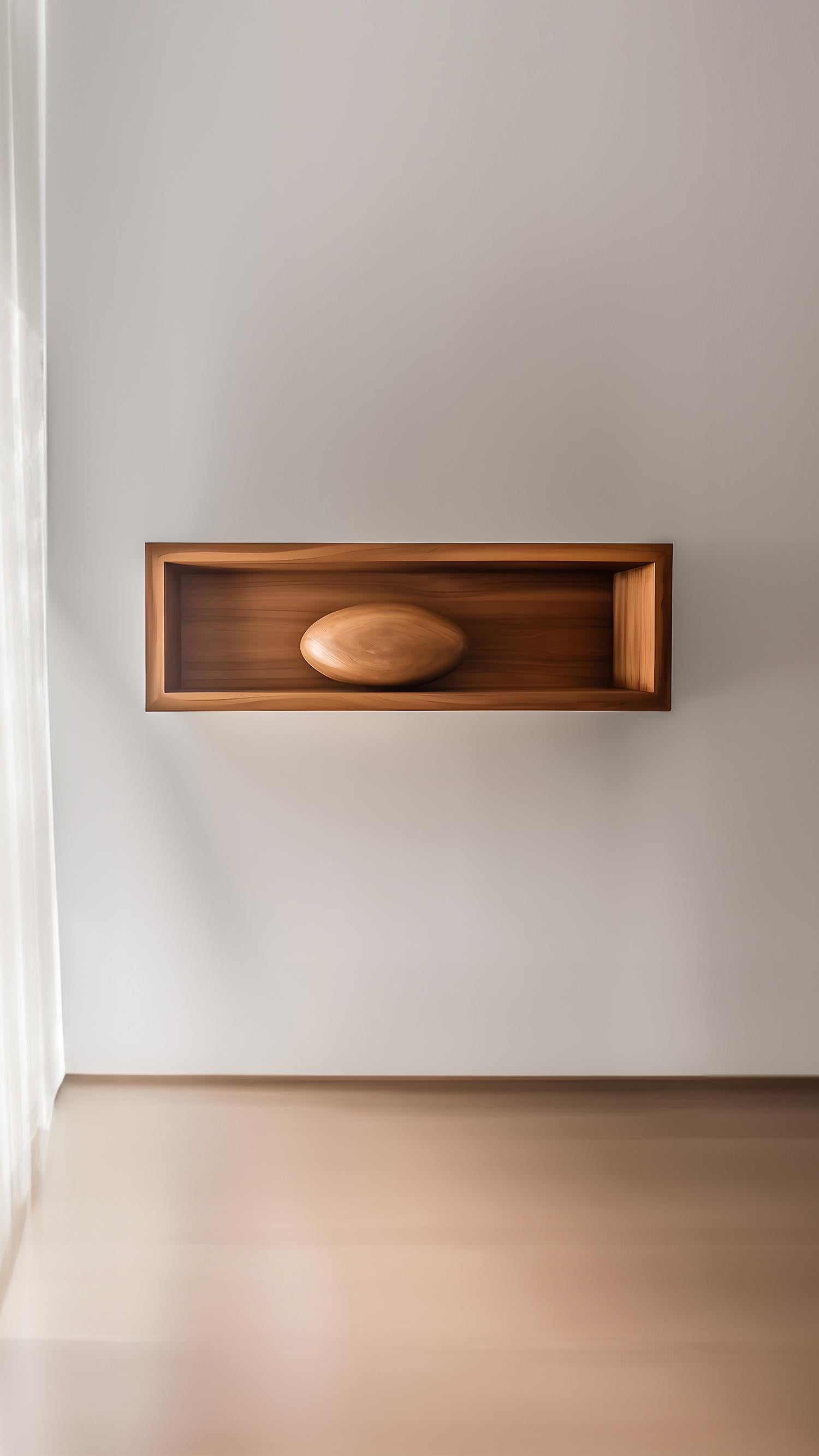 Mid-Century Modern Rectangular Floating Shelf and One Large Sculptural Wooden Pebble, Sereno For Sale