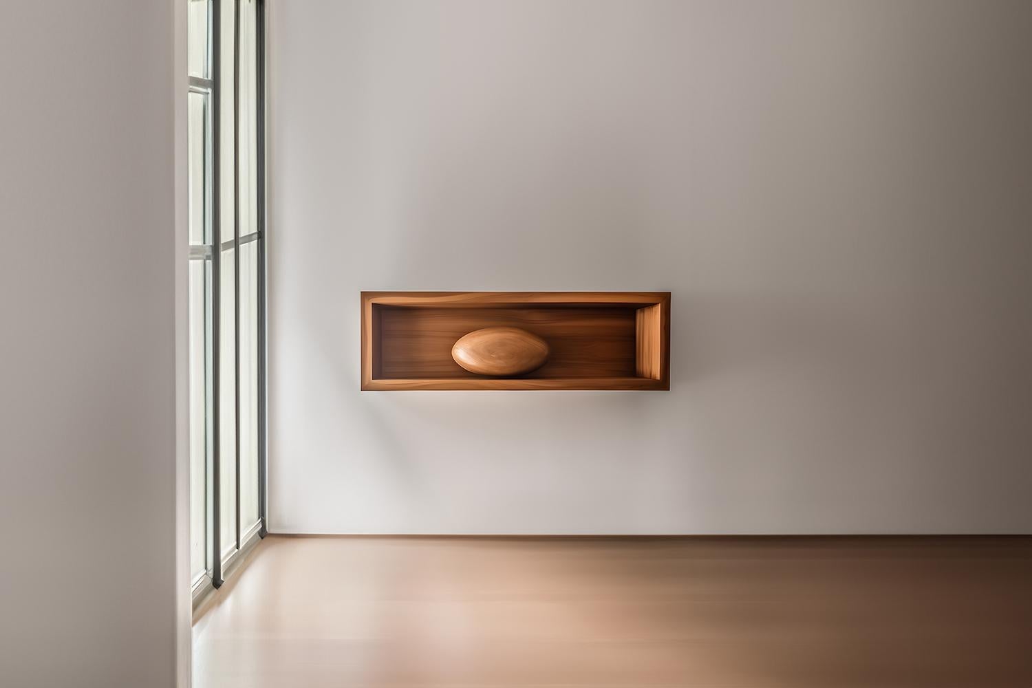Mexican Rectangular Floating Shelf and One Large Sculptural Wooden Pebble, Sereno For Sale