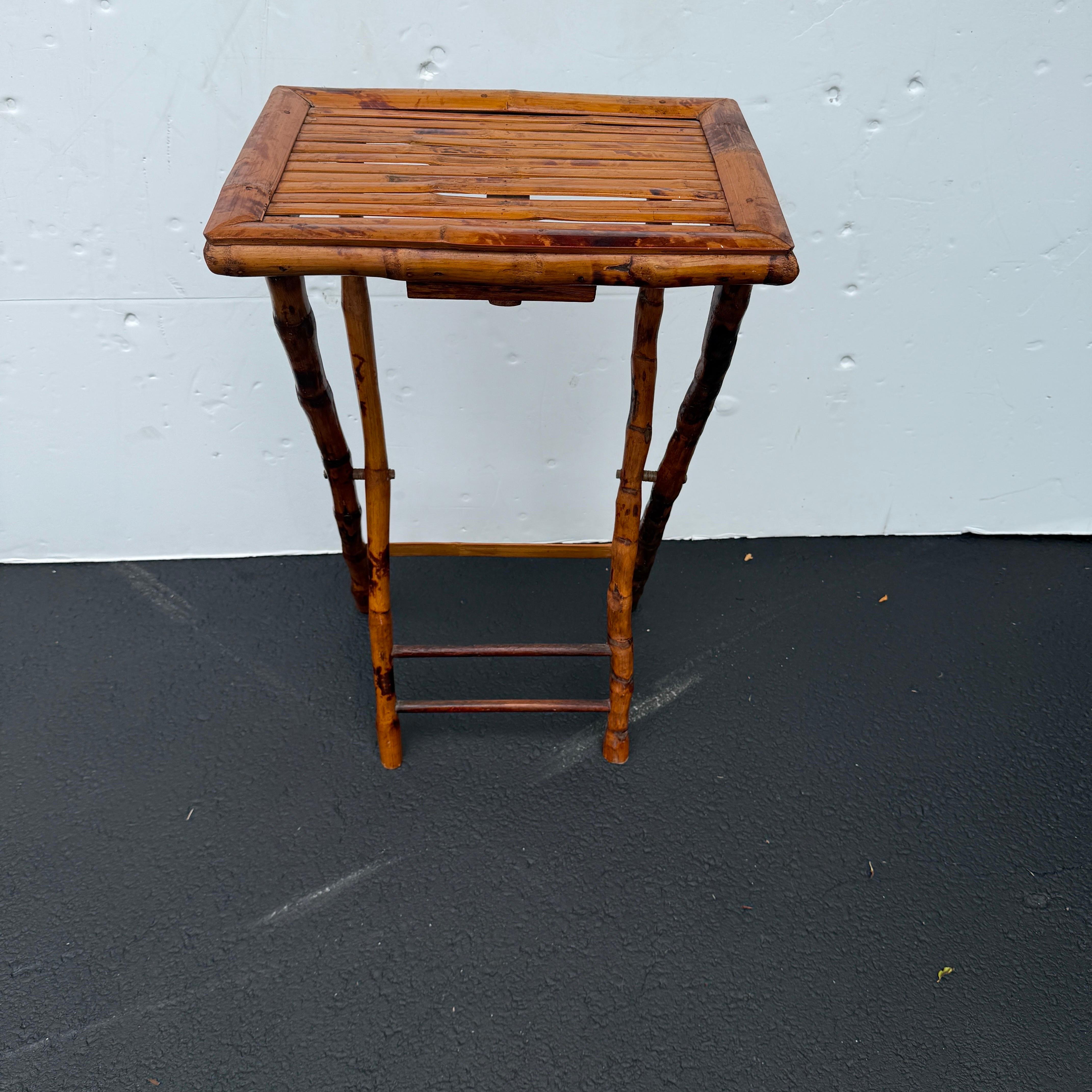 Rectangular Folding Burnt Bamboo Side Butlers Table For Sale 3