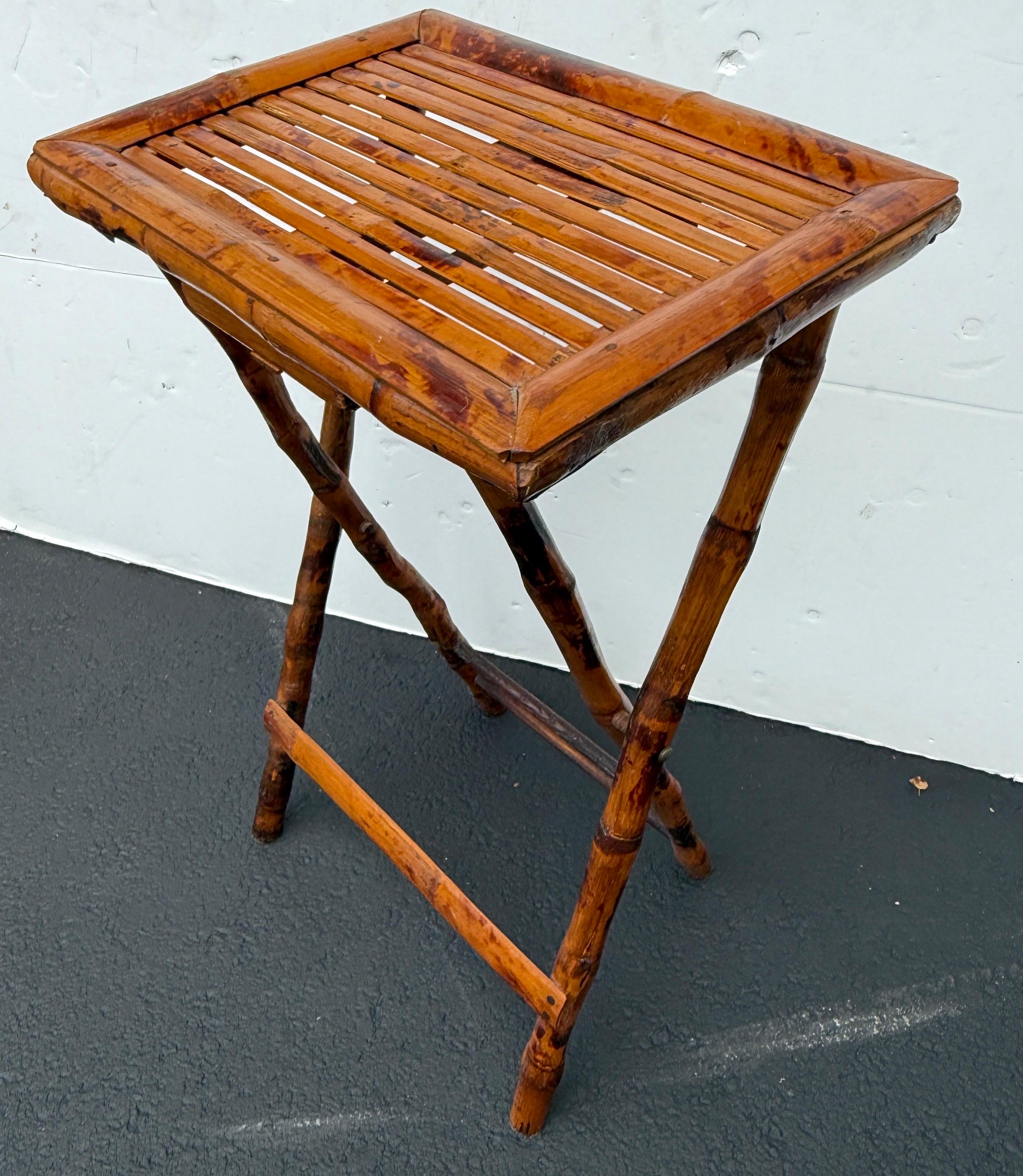 Rectangular Folding Burnt Bamboo Side Butlers Table For Sale 4