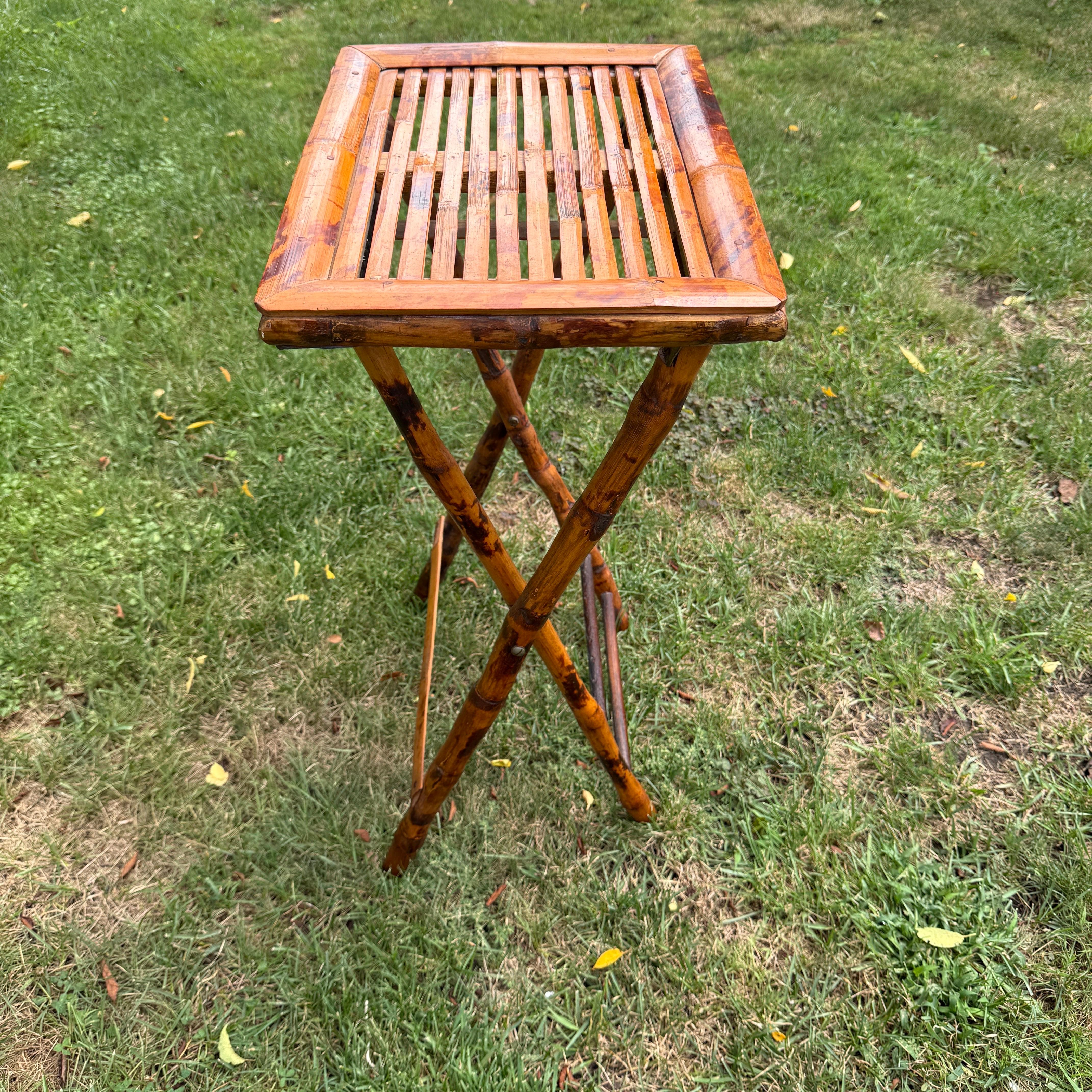 Rectangular Folding Burnt Bamboo Side Butlers Table For Sale 5